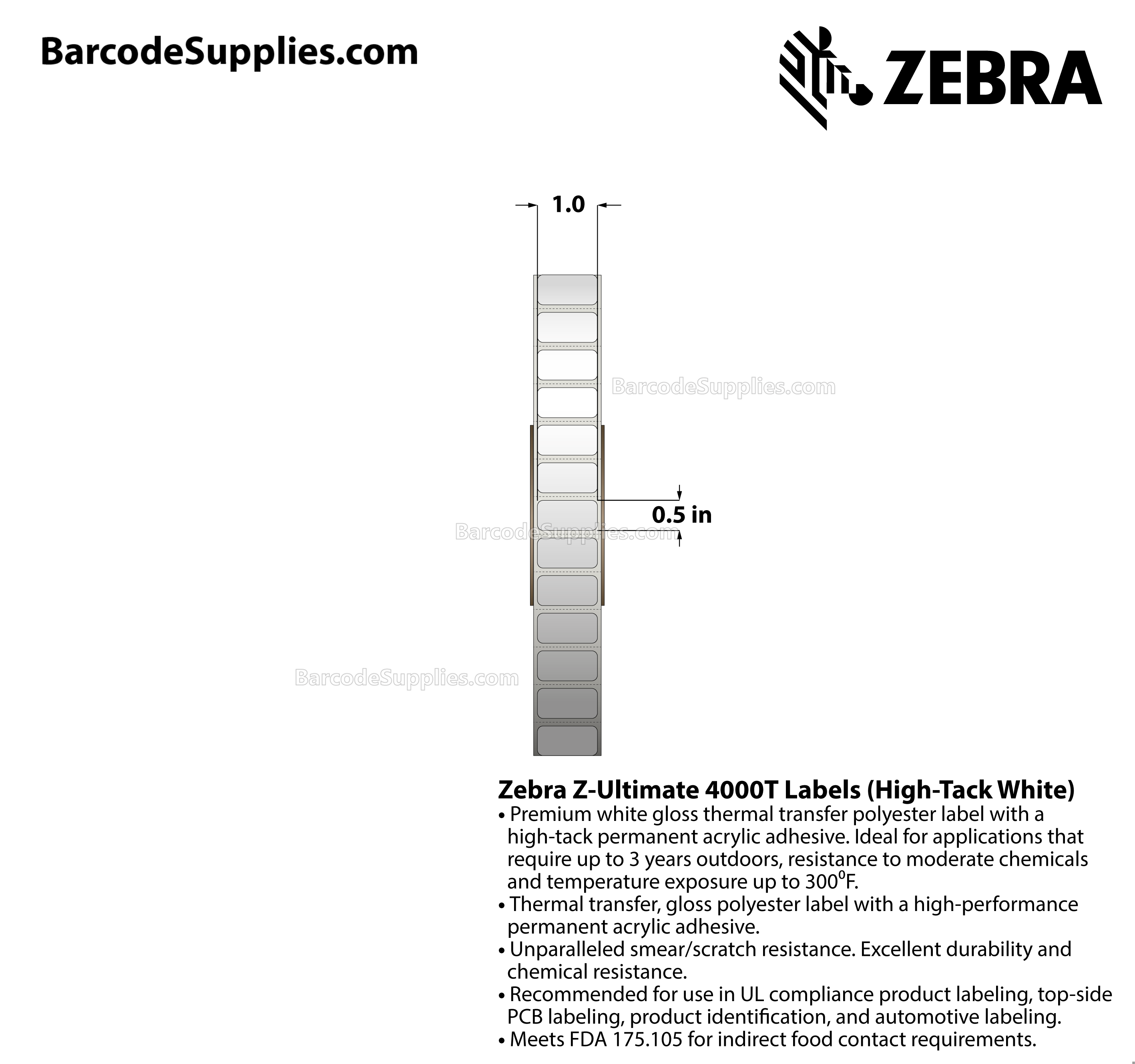 1 x 0.5 Thermal Transfer White Z-Ultimate 4000T High-Tack White Labels With High-tack Adhesive - Perforated - 7770 Labels Per Roll - Carton Of 1 Rolls - 7770 Labels Total - MPN: 10023050