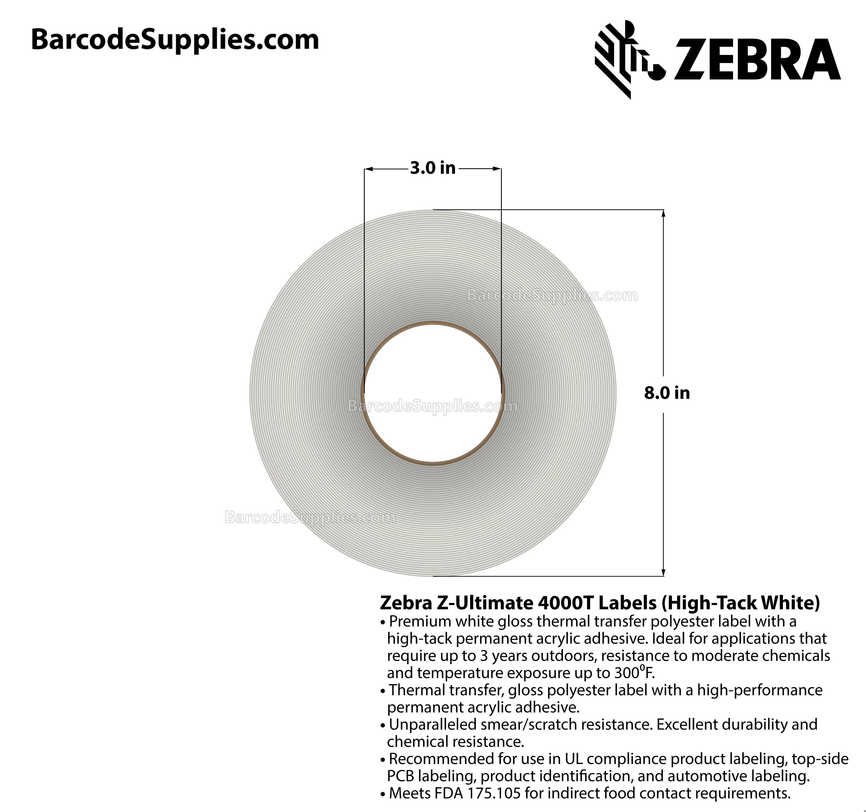 1 x 0.5 Thermal Transfer White Z-Ultimate 4000T High-Tack White Labels With High-tack Adhesive - Perforated - 7770 Labels Per Roll - Carton Of 1 Rolls - 7770 Labels Total - MPN: 10023050