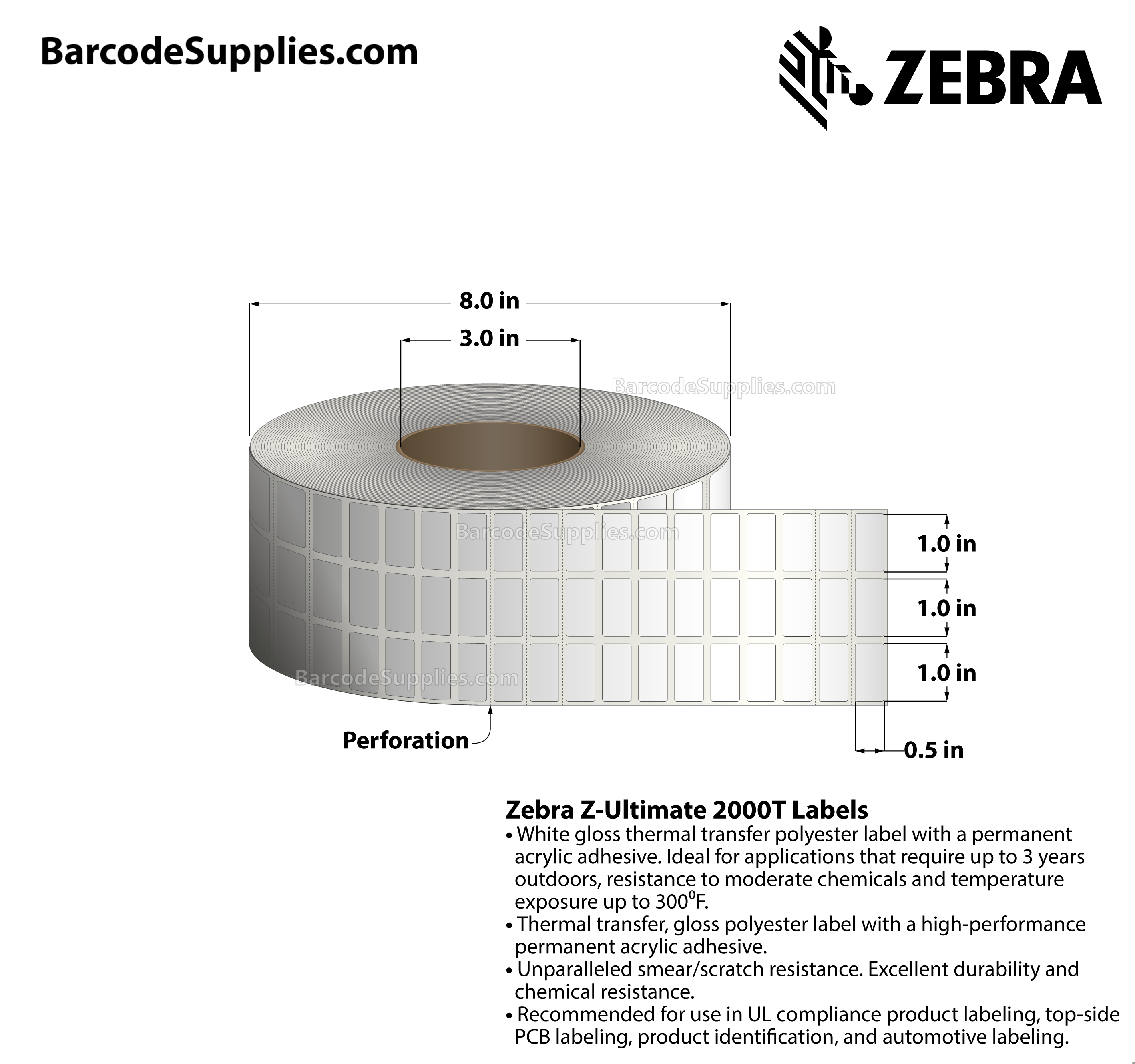 1 x 0.5 Thermal Transfer White Z-Ultimate 2000T (3-Across) Labels With Permanent Adhesive - Perforated - 10002 Labels Per Roll - Carton Of 1 Rolls - 10002 Labels Total - MPN: 10023012