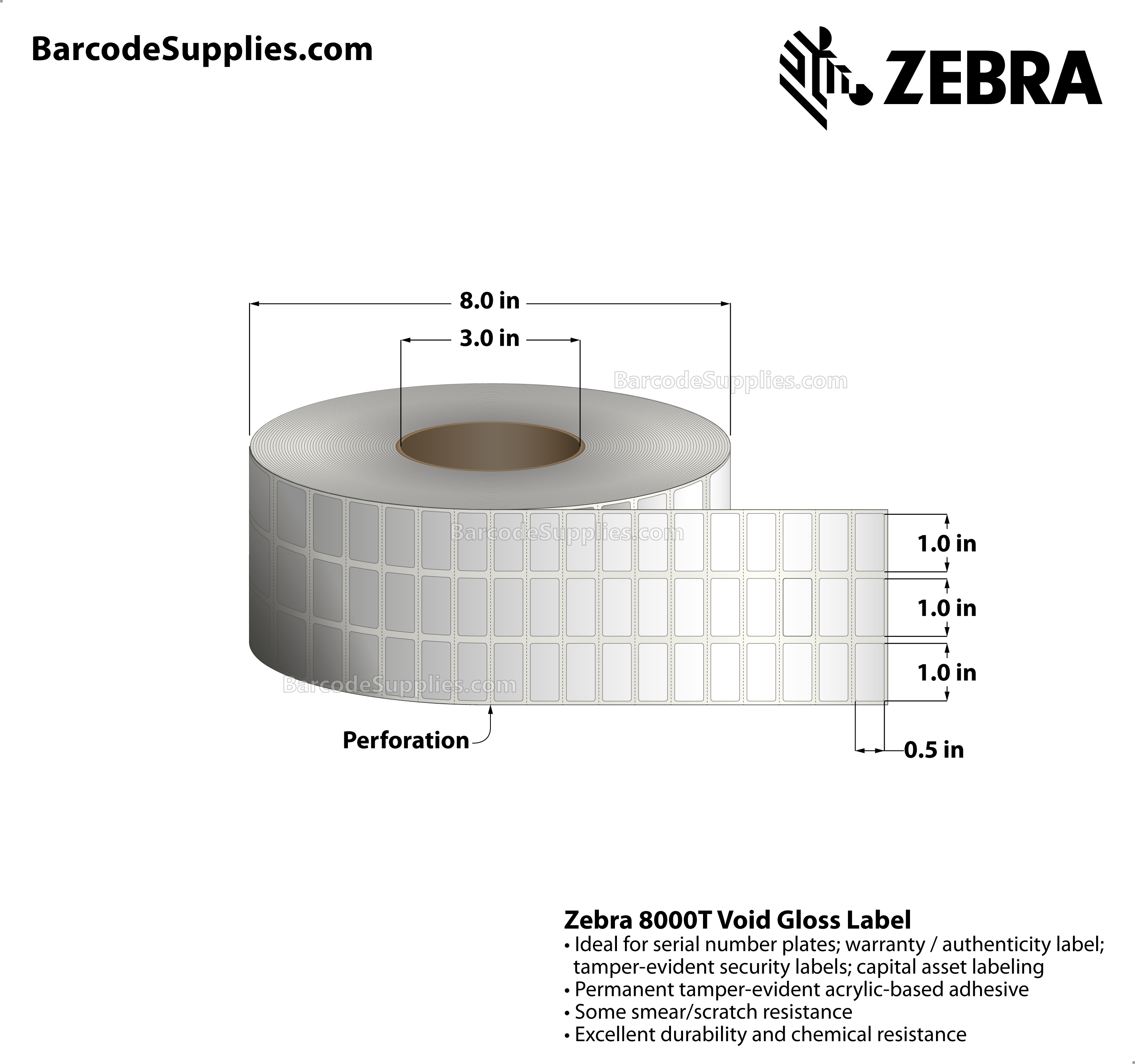 1 x 0.5 Thermal Transfer White 8000T Void Gloss (3-Across) Labels With Tamper-evident Adhesive - Perforated - 10002 Labels Per Roll - Carton Of 1 Rolls - 10002 Labels Total - MPN: 10023255