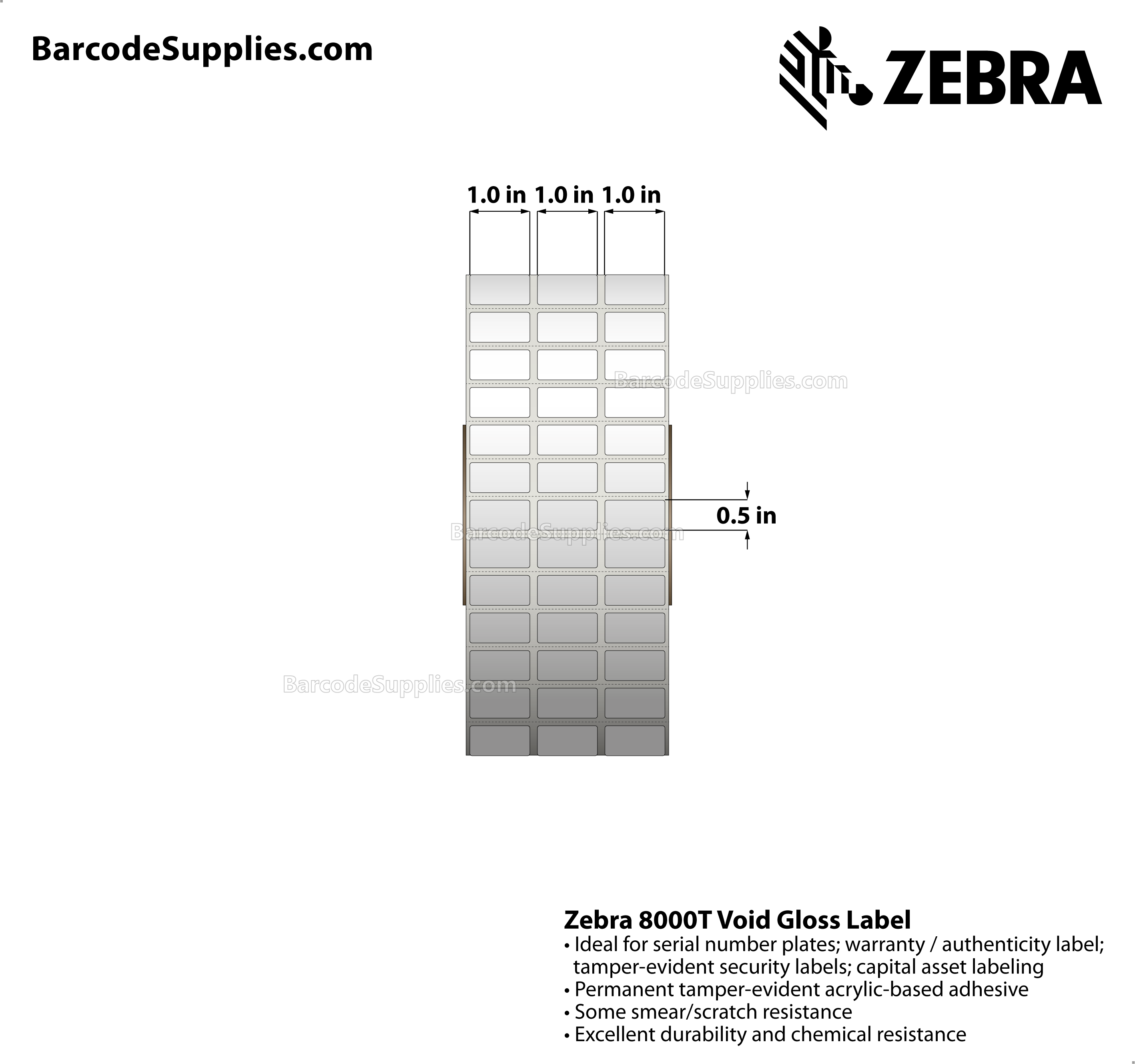 1 x 0.5 Thermal Transfer White 8000T Void Gloss (3-Across) Labels With Tamper-evident Adhesive - Perforated - 10002 Labels Per Roll - Carton Of 1 Rolls - 10002 Labels Total - MPN: 10023255