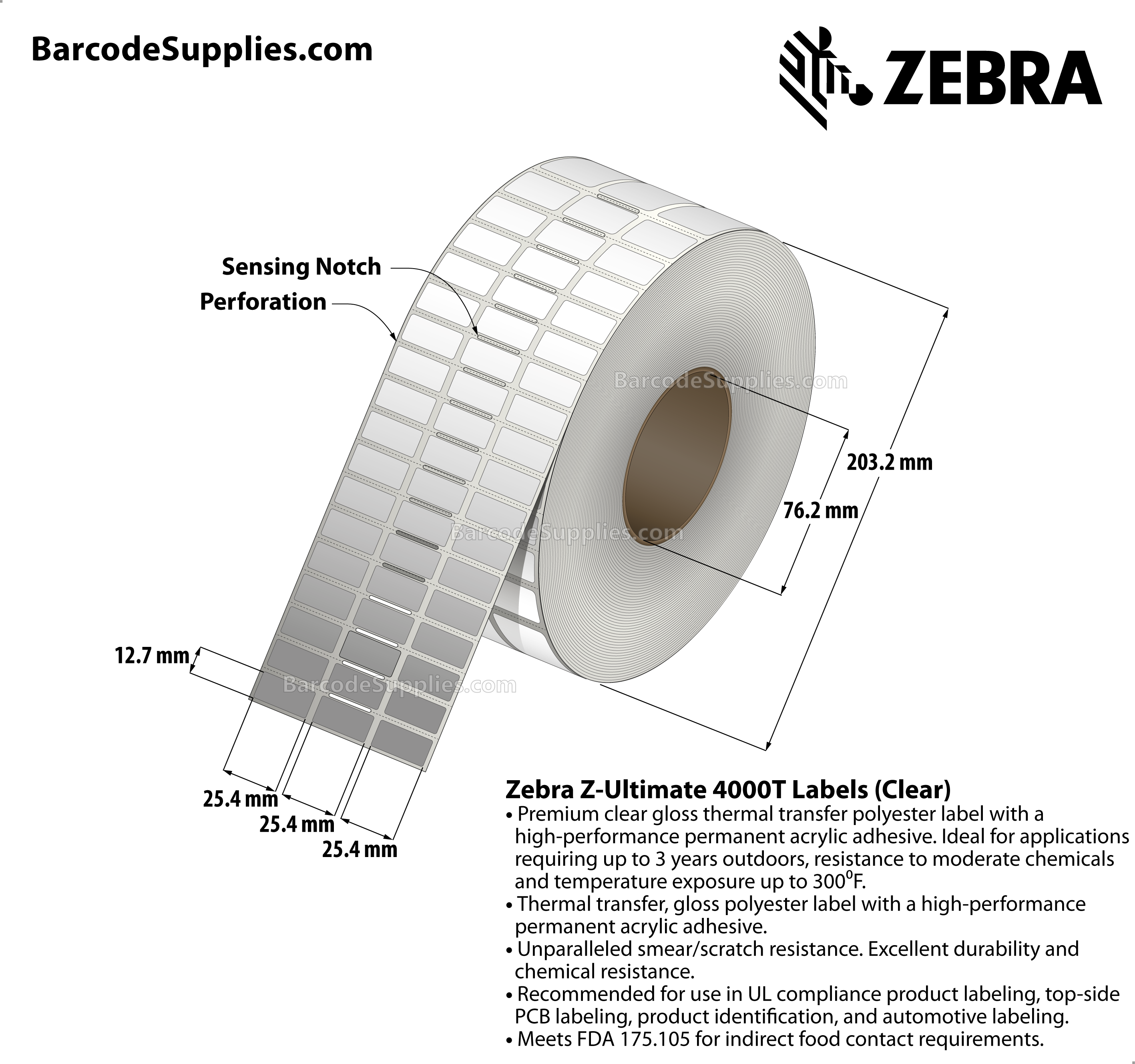 1 x 0.5 Thermal Transfer Clear Z-Ultimate 4000T Clear (3-Across) Labels With Permanent Adhesive - Notch sensing - Perforated - 10002 Labels Per Roll - Carton Of 1 Rolls - 10002 Labels Total - MPN: 10023043