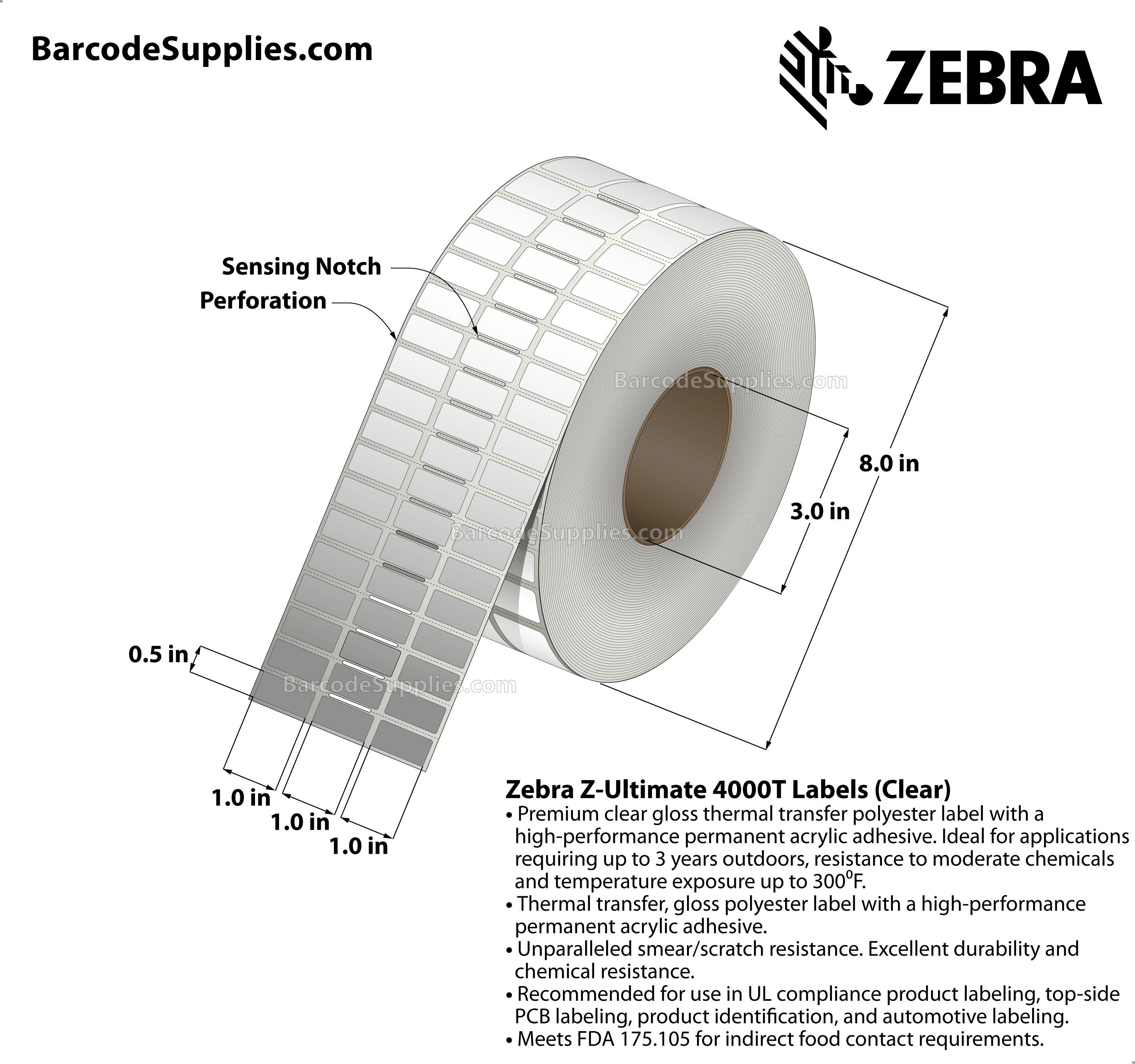 1 x 0.5 Thermal Transfer Clear Z-Ultimate 4000T Clear (3-Across) Labels With Permanent Adhesive - Notch sensing - Perforated - 10002 Labels Per Roll - Carton Of 1 Rolls - 10002 Labels Total - MPN: 10023043