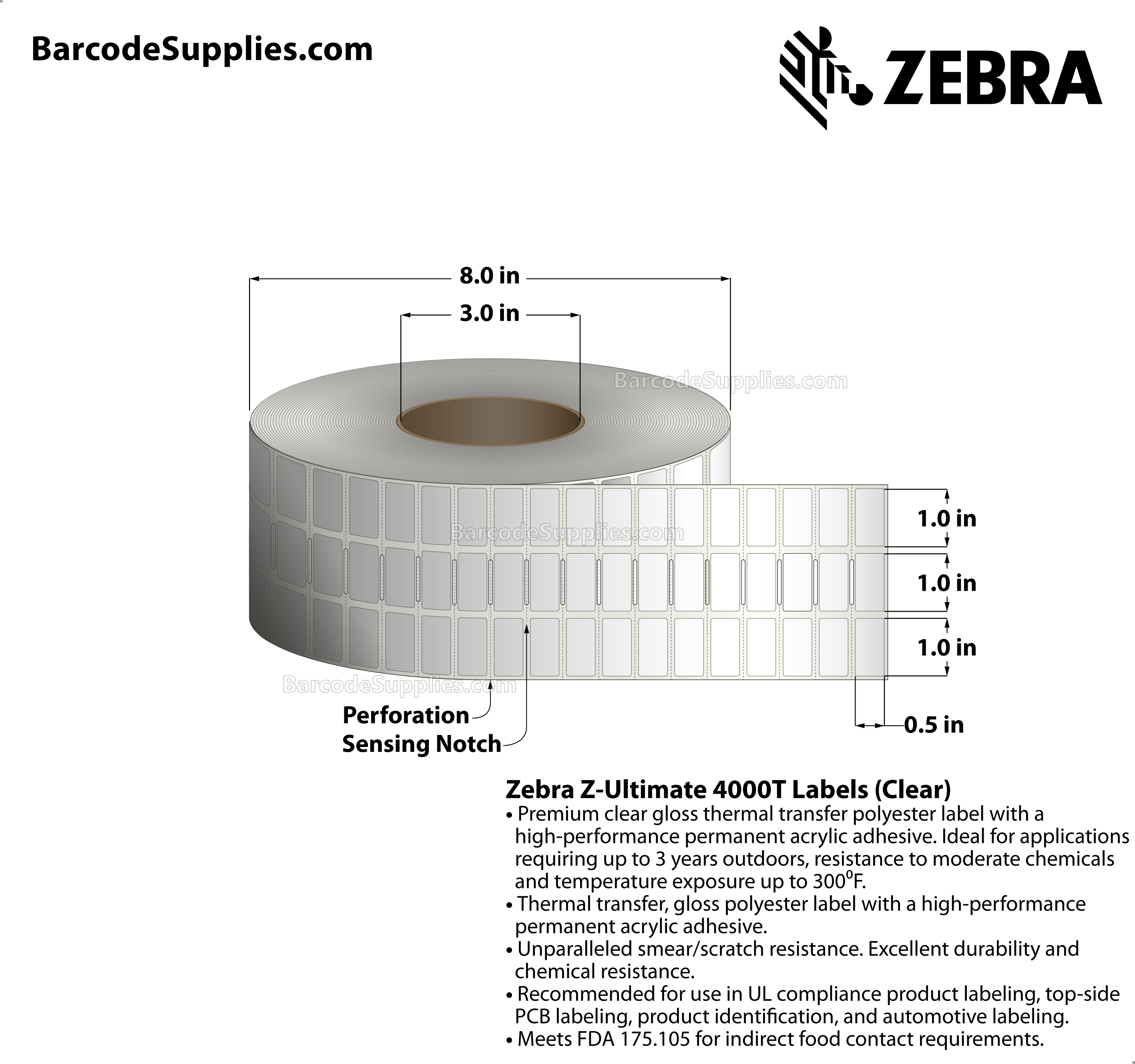 1 x 0.5 Thermal Transfer Clear Z-Ultimate 4000T Clear (3-Across) Labels With Permanent Adhesive - Notch sensing - Perforated - 10002 Labels Per Roll - Carton Of 1 Rolls - 10002 Labels Total - MPN: 10023043