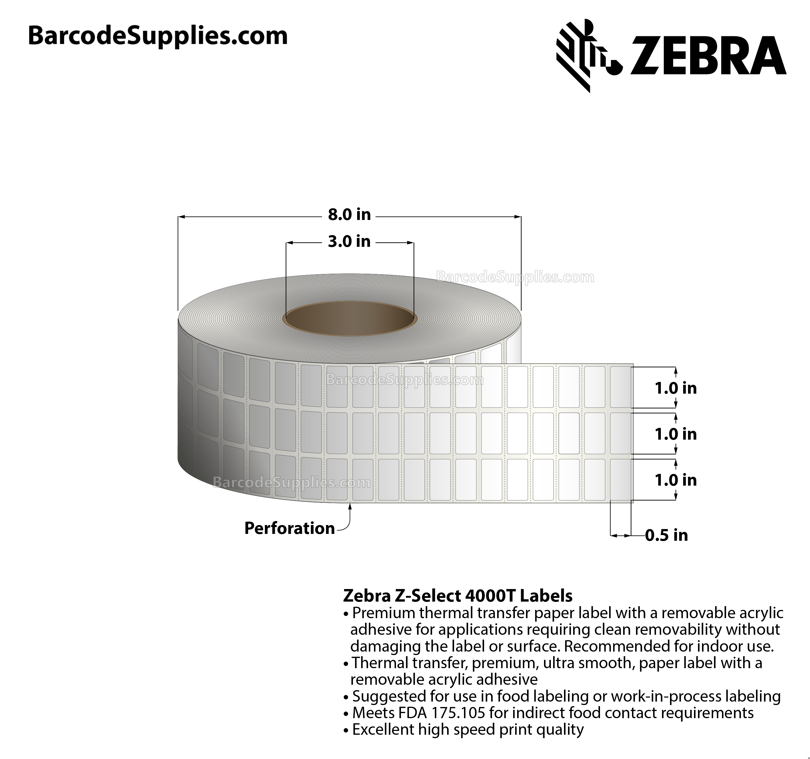 1 x 0.5 Thermal Transfer White PolyPro 4000T Removable (3-Across) Labels With Removable Adhesive - Perforated - 10002 Labels Per Roll - Carton Of 1 Rolls - 10002 Labels Total - MPN: 10022930
