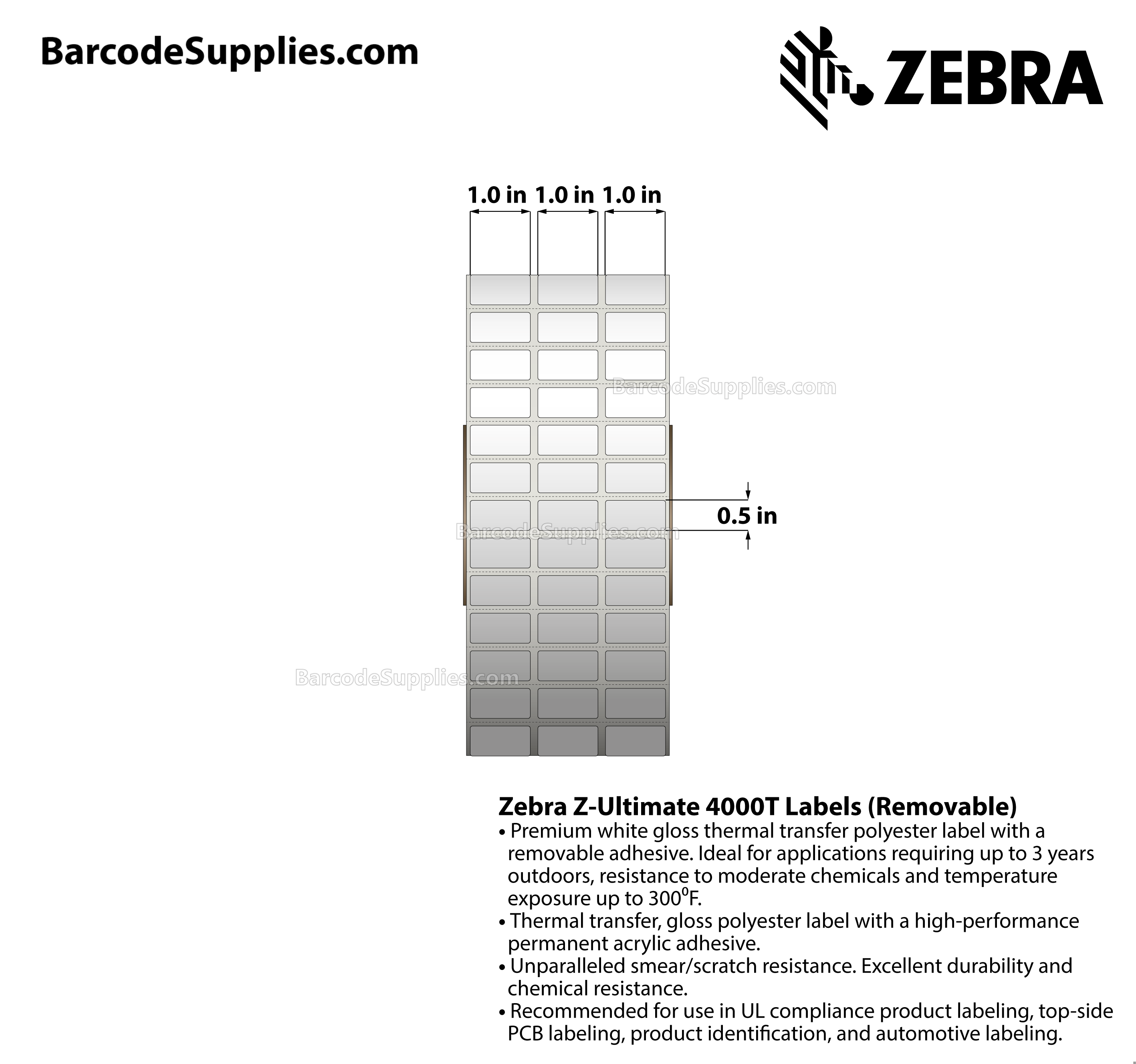 1 x 0.5 Thermal Transfer White Z-Ultimate 4000T Removable (3-Across) Labels With Removable Adhesive - Perforated - 10002 Labels Per Roll - Carton Of 1 Rolls - 10002 Labels Total - MPN: 10023069
