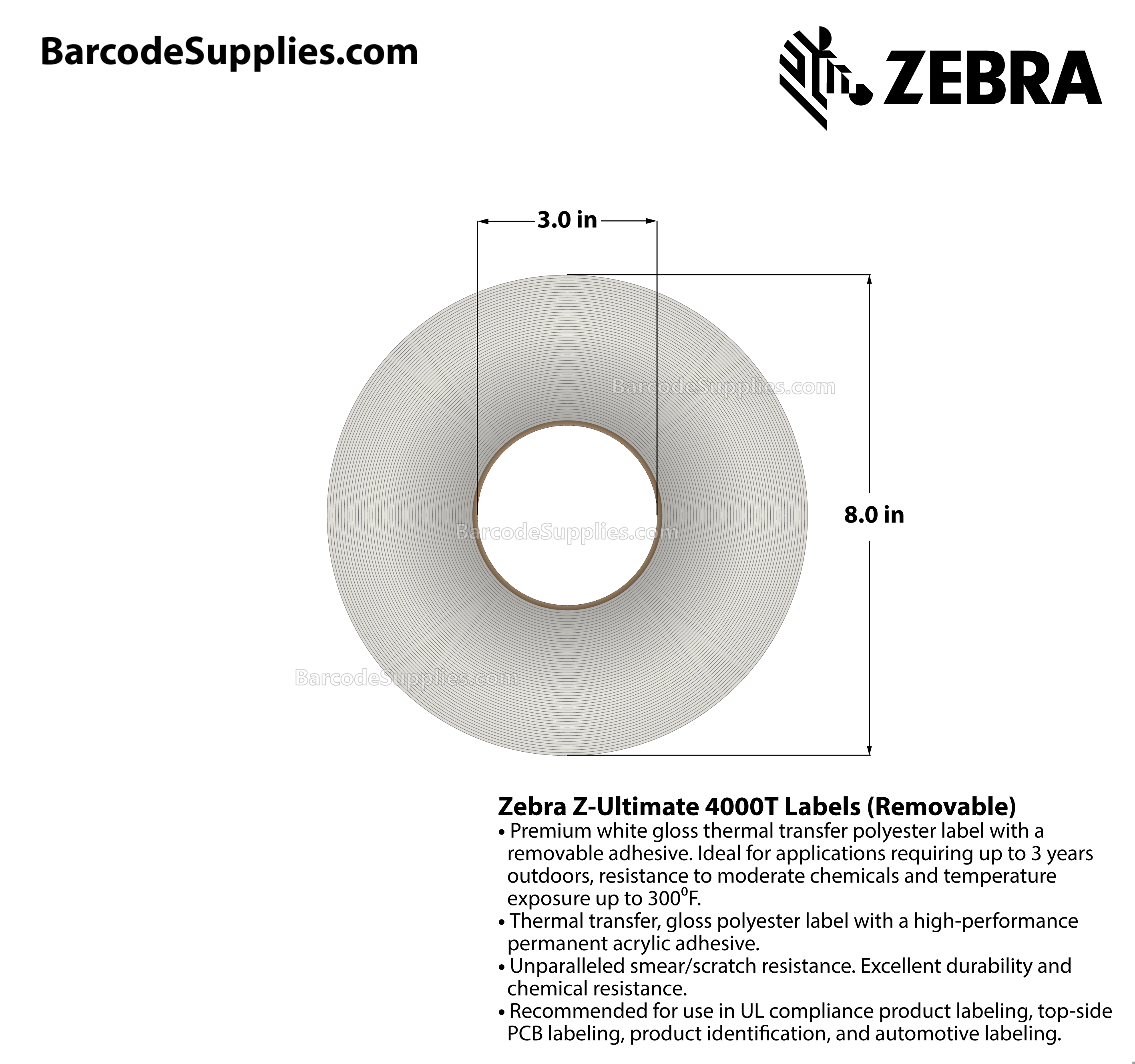 1 x 0.5 Thermal Transfer White Z-Ultimate 4000T Removable (3-Across) Labels With Removable Adhesive - Perforated - 10002 Labels Per Roll - Carton Of 1 Rolls - 10002 Labels Total - MPN: 10023069