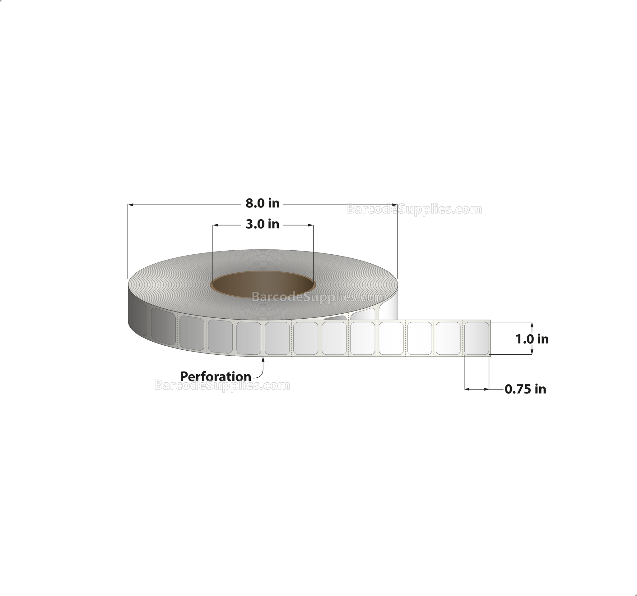 1 x 0.75 Thermal Transfer White Labels With Permanent Adhesive - Perforated - 7500 Labels Per Roll - Carton Of 8 Rolls - 60000 Labels Total - MPN: RT-1-075-7500-3