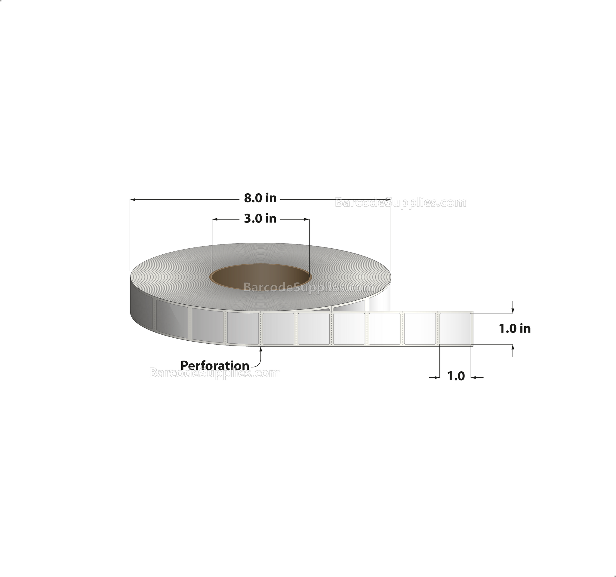 1 x 1 Thermal Transfer White Labels With Permanent Adhesive - Perforated - 5500 Labels Per Roll - Carton Of 8 Rolls - 44000 Labels Total - MPN: RT-1-1-5500-3