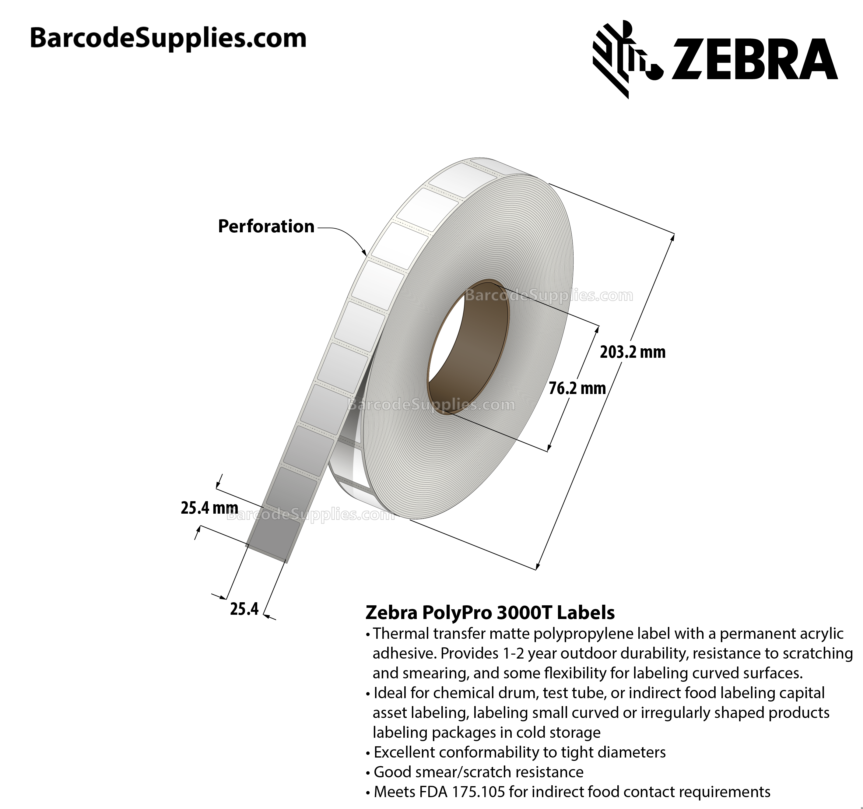 1 x 1 Thermal Transfer White PolyPro 3000T Labels With Permanent Adhesive - Perforated - 2000 Labels Per Roll - Carton Of 1 Rolls - 2000 Labels Total - MPN: 10023327