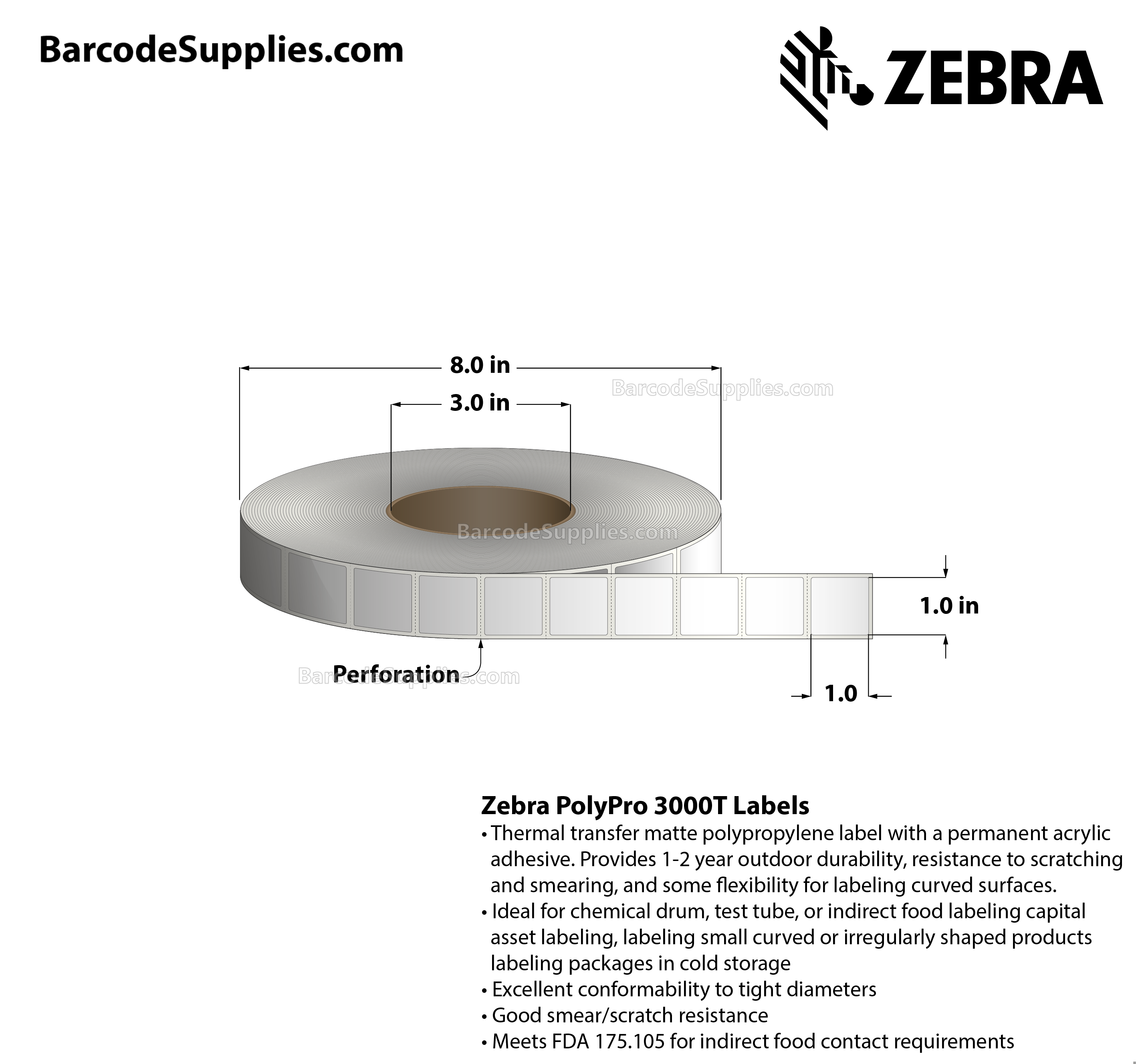 1 x 1 Thermal Transfer White PolyPro 3000T Labels With Permanent Adhesive - Perforated - 2000 Labels Per Roll - Carton Of 1 Rolls - 2000 Labels Total - MPN: 10023327