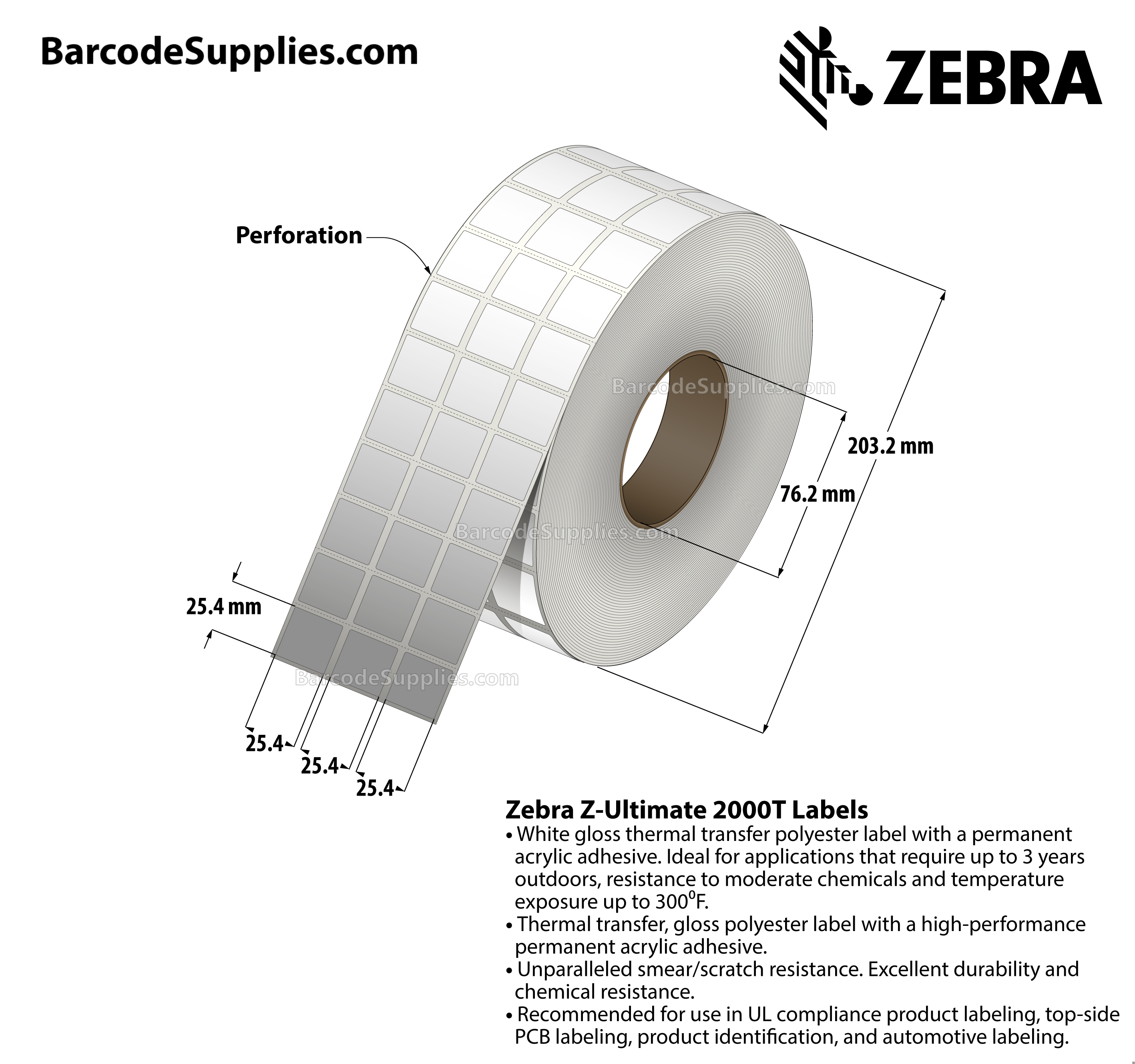 1 x 1 Thermal Transfer White Z-Ultimate 2000T (3-Across) Labels With Permanent Adhesive - Perforated - 16455 Labels Per Roll - Carton Of 4 Rolls - 65820 Labels Total - MPN: 10011977