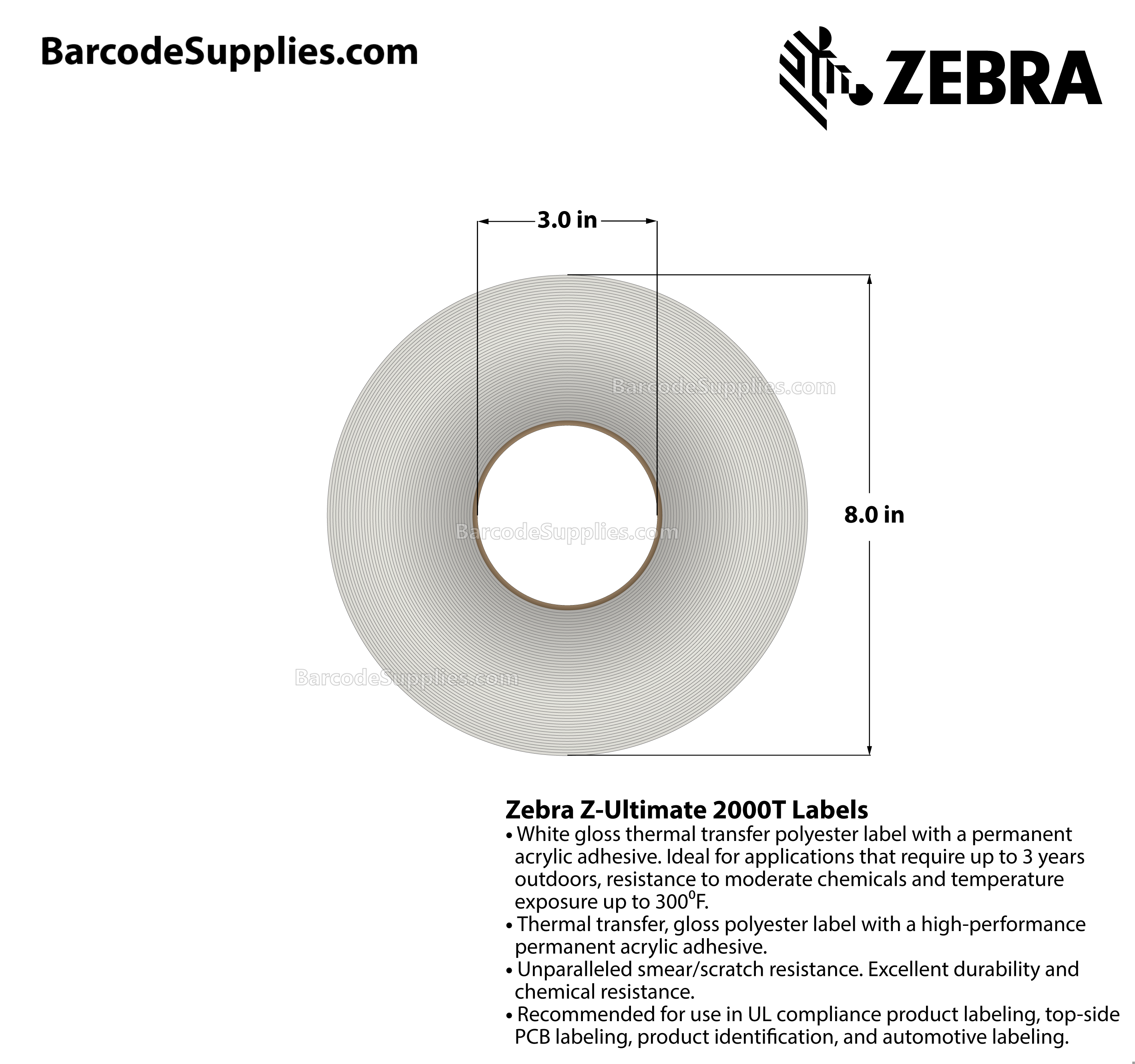 1 x 1 Thermal Transfer White Z-Ultimate 2000T (3-Across) Labels With Permanent Adhesive - Perforated - 16455 Labels Per Roll - Carton Of 4 Rolls - 65820 Labels Total - MPN: 10011977
