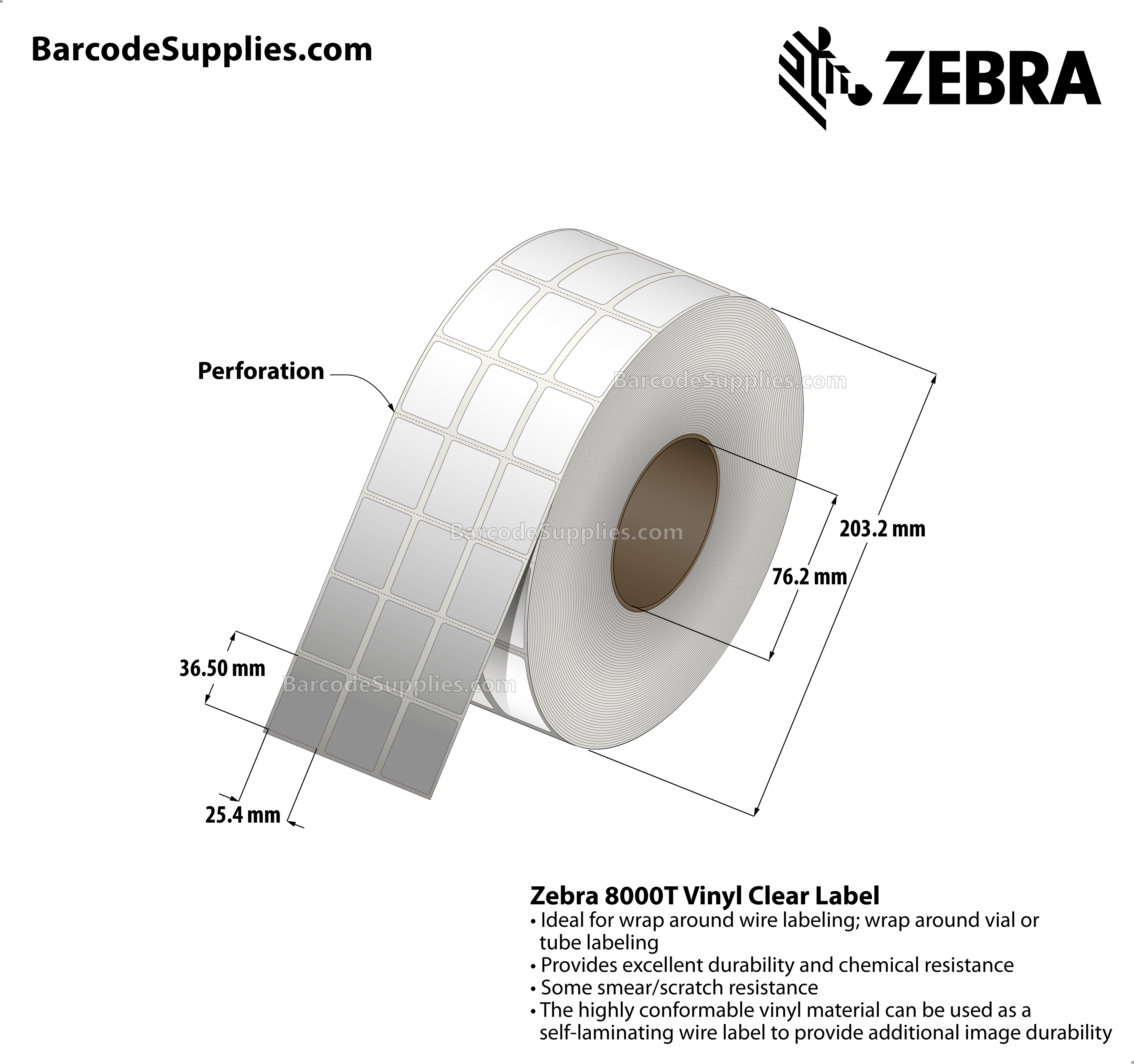 1 x 1.437 Thermal Transfer Clear 8000T Vinyl Clear: Self-Laminating Wire Wrap Label (3-Across) Labels With Permanent Adhesive - Perforated - 7500 Labels Per Roll - Carton Of 1 Rolls - 7500 Labels Total - MPN: 10015769