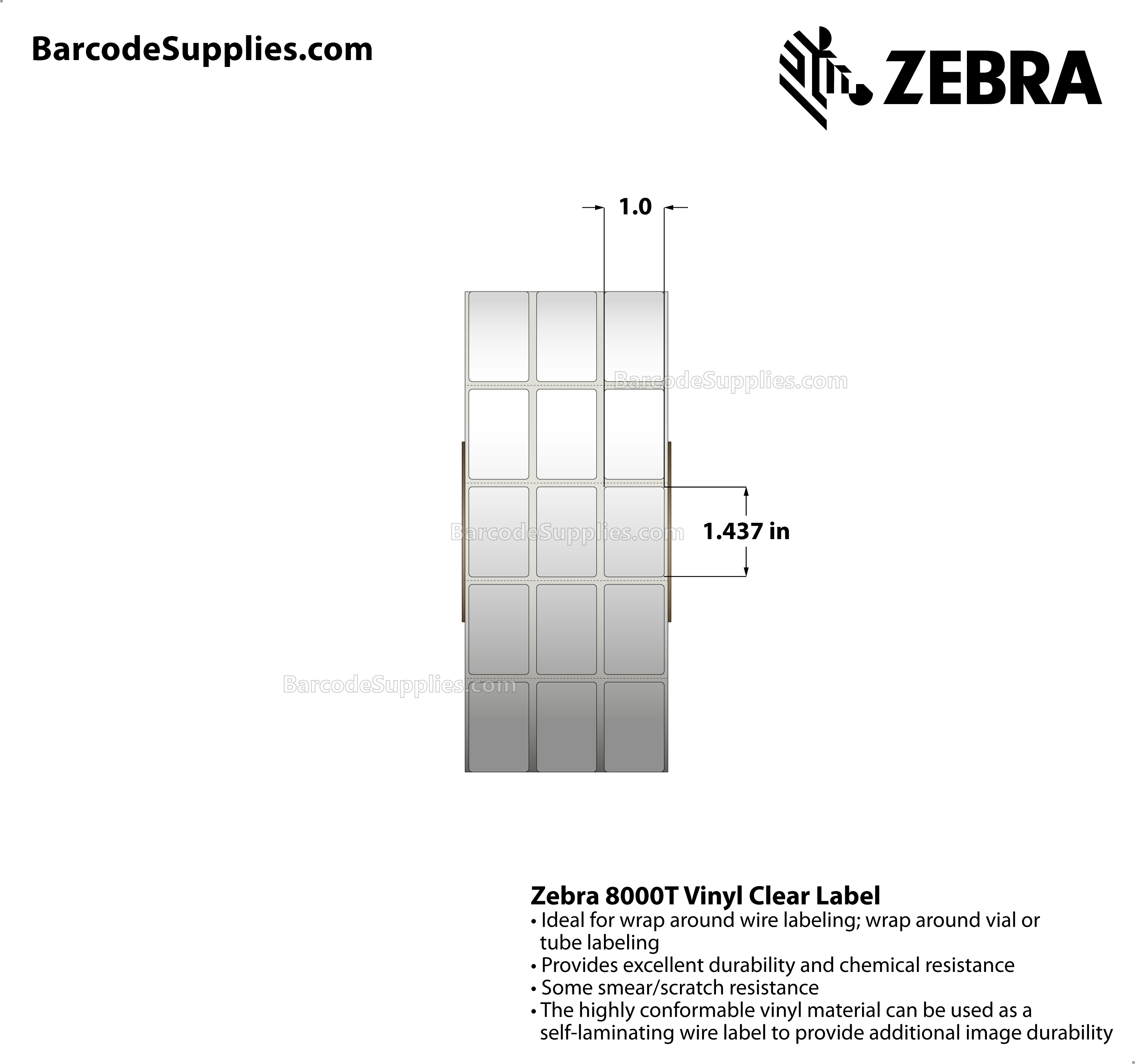 1 x 1.437 Thermal Transfer Clear 8000T Vinyl Clear: Self-Laminating Wire Wrap Label (3-Across) Labels With Permanent Adhesive - Perforated - 7500 Labels Per Roll - Carton Of 1 Rolls - 7500 Labels Total - MPN: 10015769