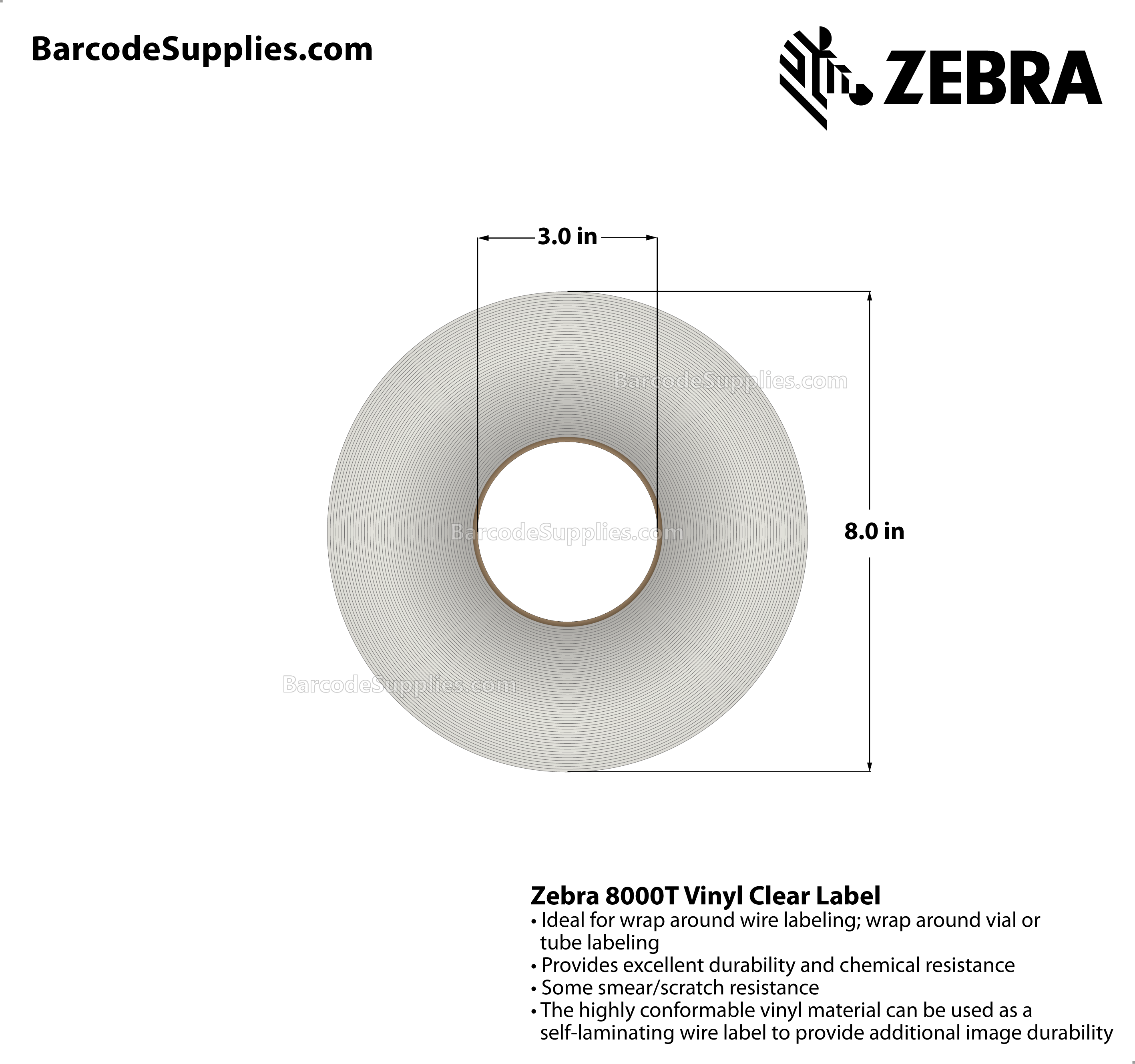 1 x 1.437 Thermal Transfer Clear 8000T Vinyl Clear: Self-Laminating Wire Wrap Label (3-Across) Labels With Permanent Adhesive - Perforated - 7500 Labels Per Roll - Carton Of 1 Rolls - 7500 Labels Total - MPN: 10015769