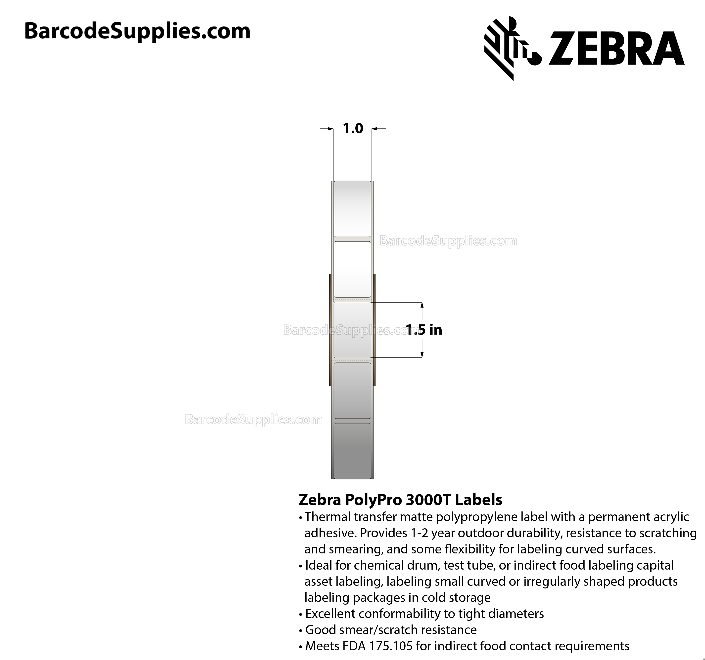 1 x 1.5 Thermal Transfer White PolyPro 3000T Labels With Permanent Adhesive - Perforated - 2000 Labels Per Roll - Carton Of 1 Rolls - 2000 Labels Total - MPN: 10023330