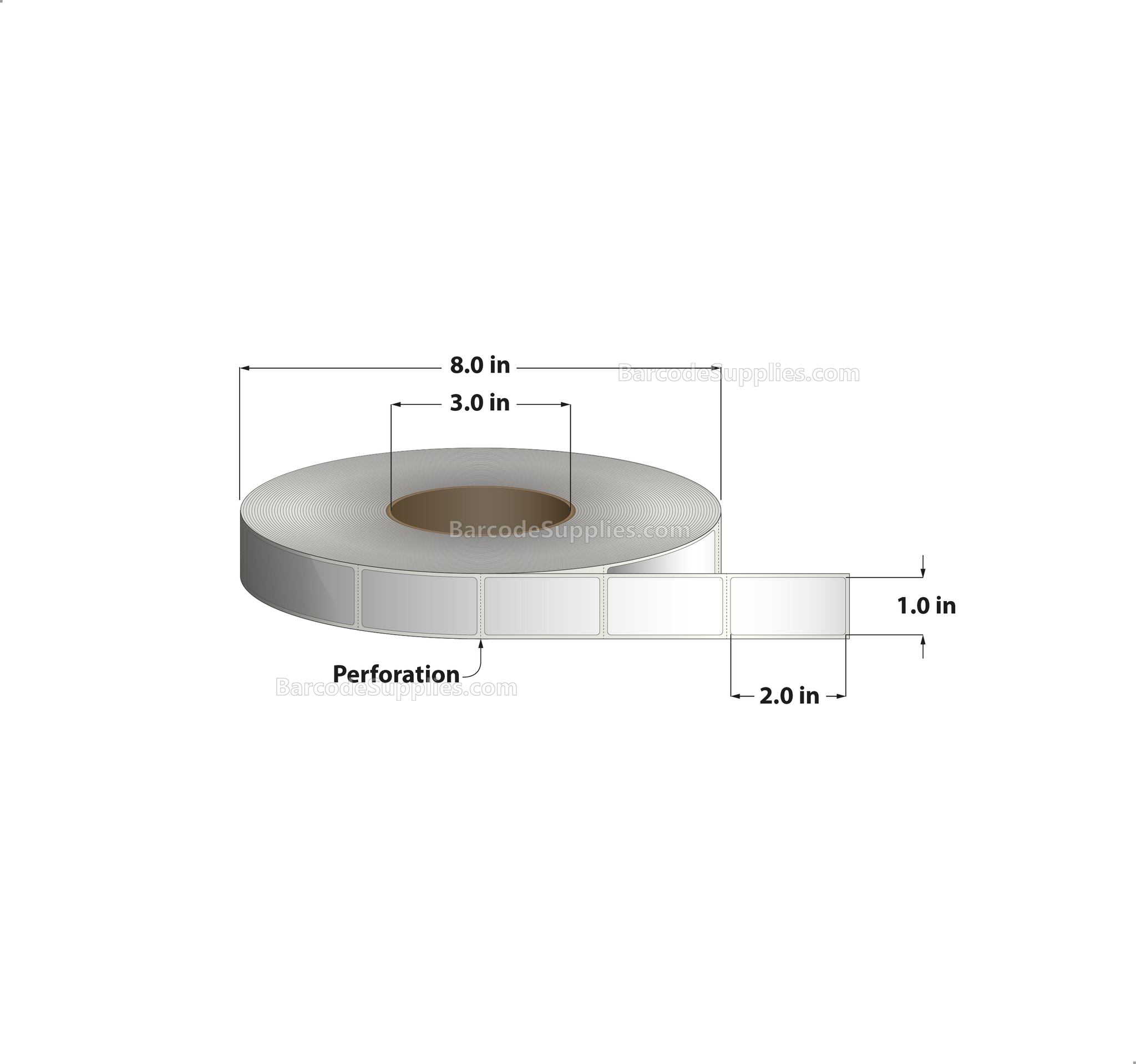1 x 2 Thermal Transfer White Labels With Permanent Adhesive - Perforated - 2900 Labels Per Roll - Carton Of 8 Rolls - 23200 Labels Total - MPN: RT-1-2-2900-3