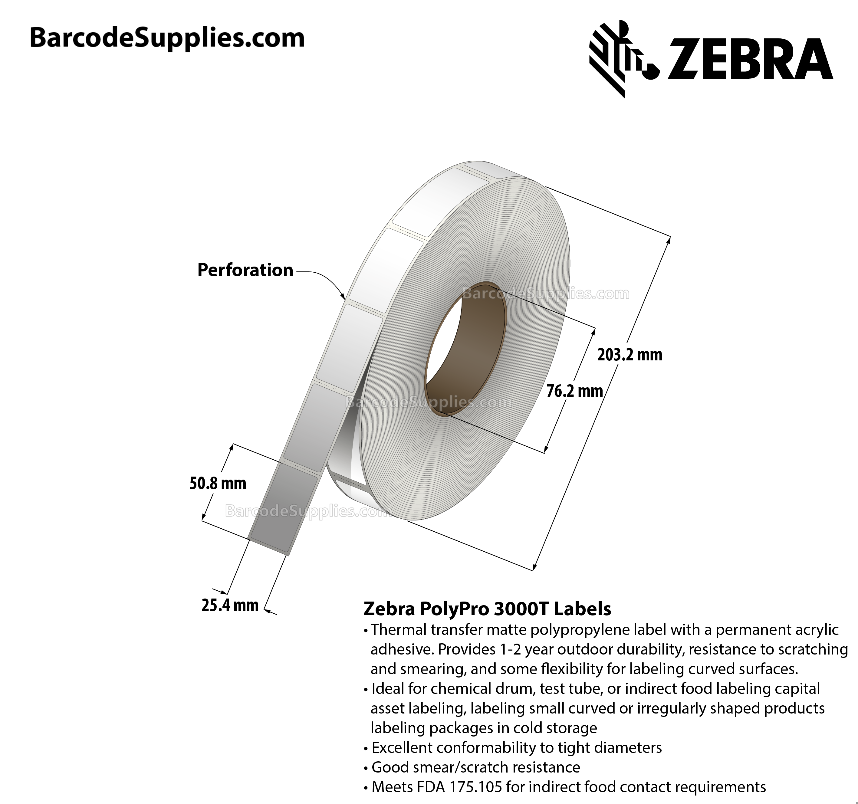 1 x 2 Thermal Transfer White PolyPro 3000T Labels With Permanent Adhesive - Perforated - 2000 Labels Per Roll - Carton Of 1 Rolls - 2000 Labels Total - MPN: 10023331