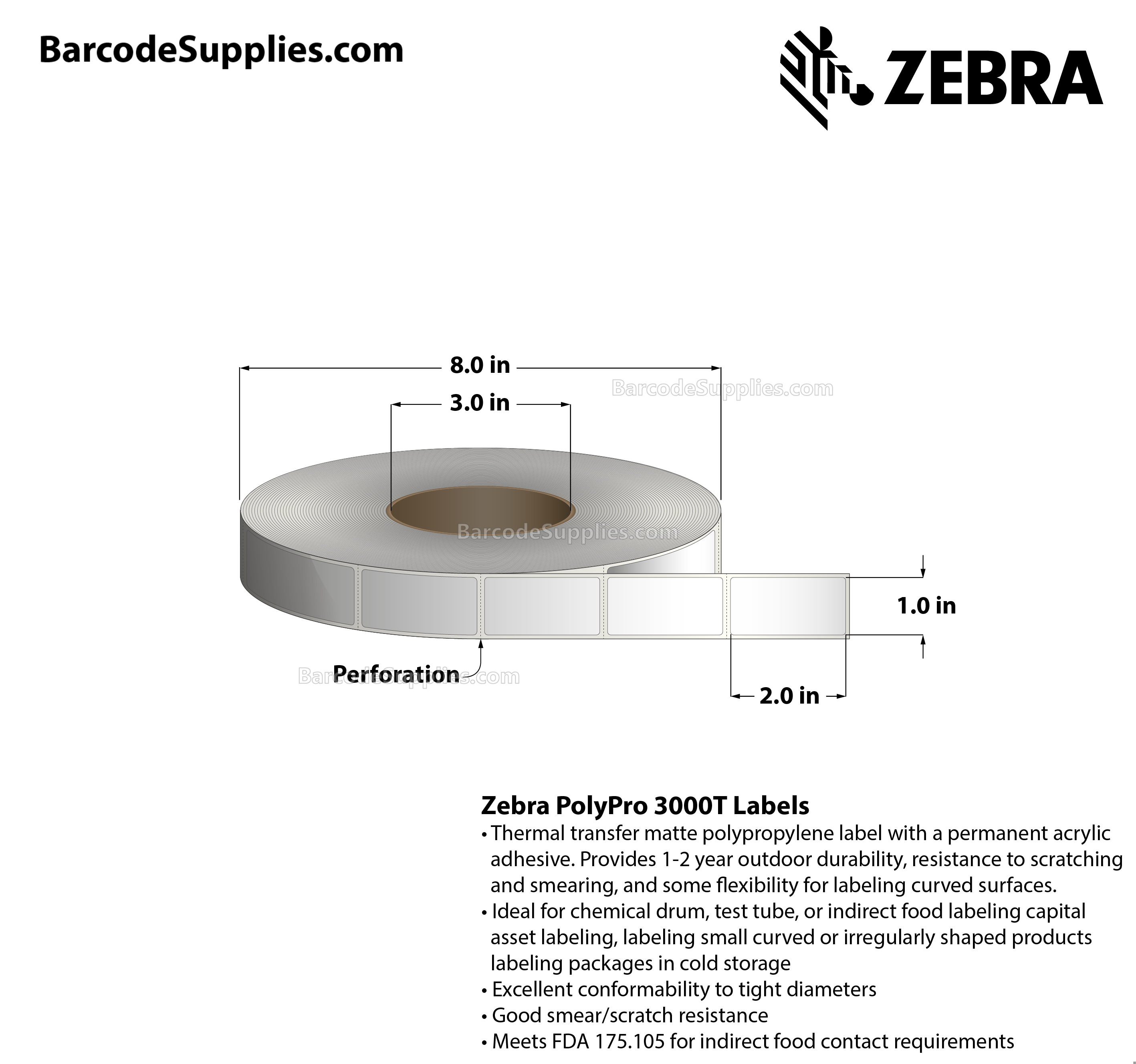 1 x 2 Thermal Transfer White PolyPro 3000T Labels With Permanent Adhesive - Perforated - 2000 Labels Per Roll - Carton Of 1 Rolls - 2000 Labels Total - MPN: 10023331