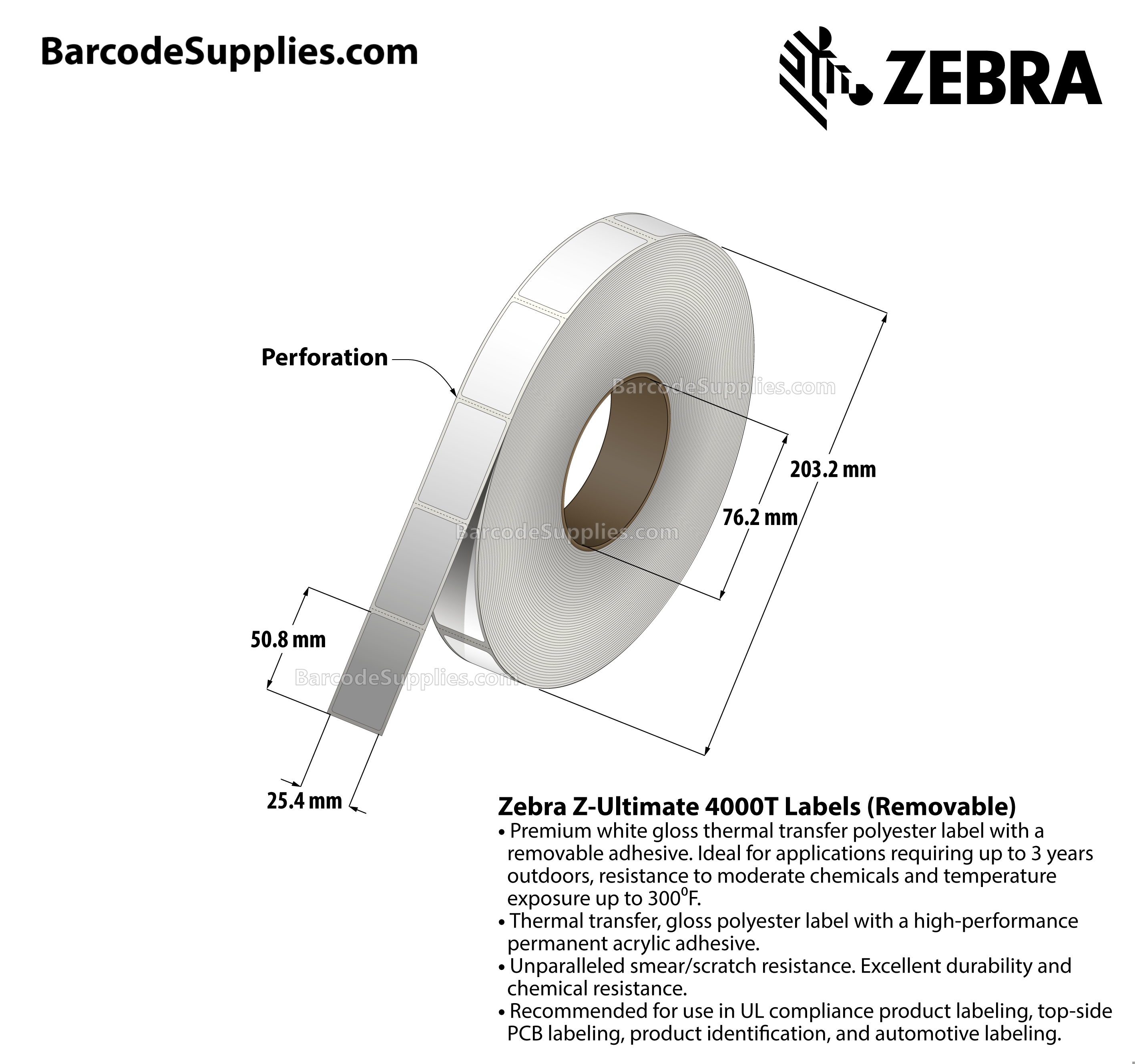 1 x 2 Thermal Transfer White Z-Ultimate 4000T Removable Labels With Removable Adhesive - Perforated - 3000 Labels Per Roll - Carton Of 1 Rolls - 3000 Labels Total - MPN: 10023149