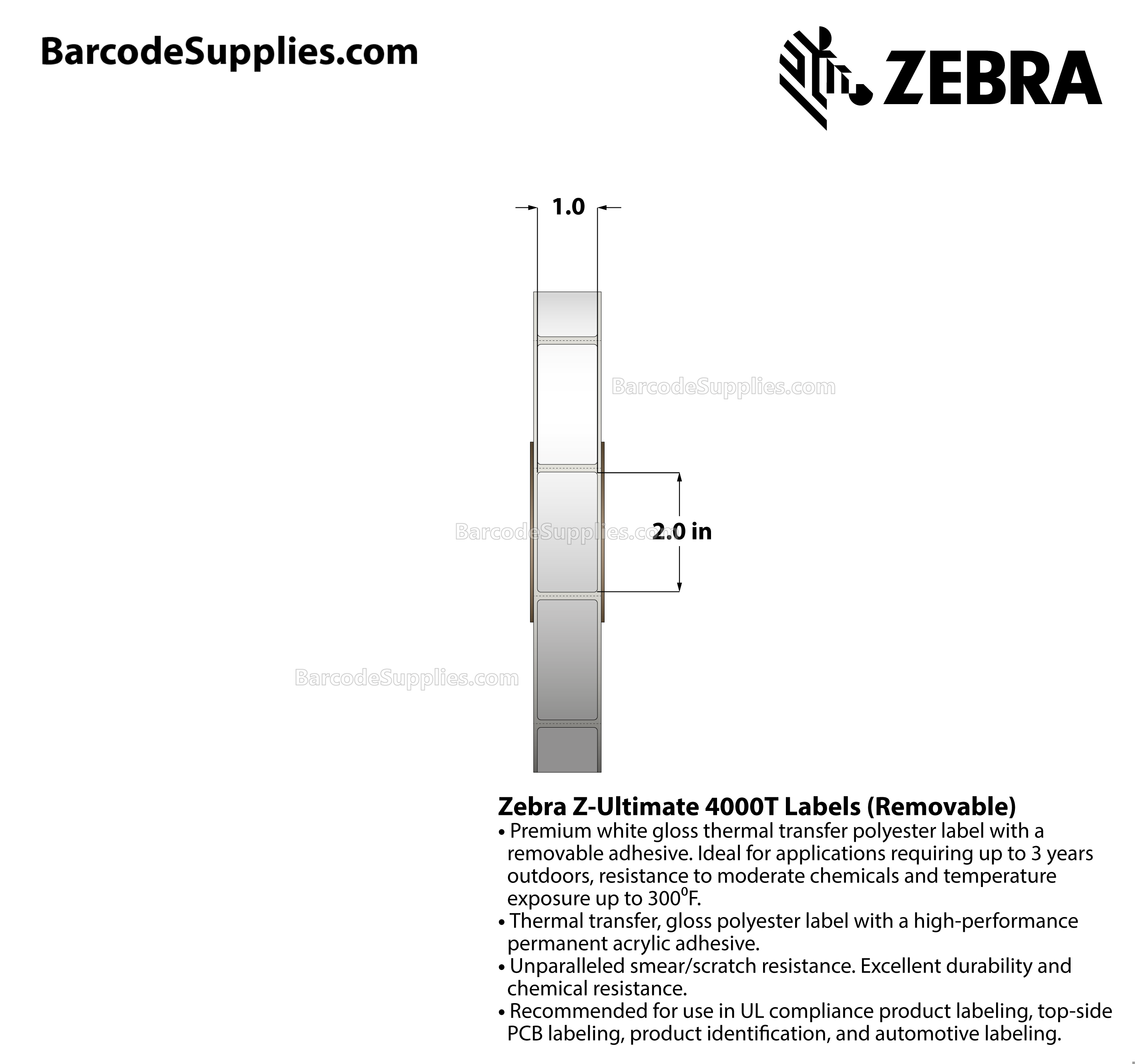 1 x 2 Thermal Transfer White Z-Ultimate 4000T Removable Labels With Removable Adhesive - Perforated - 3000 Labels Per Roll - Carton Of 1 Rolls - 3000 Labels Total - MPN: 10023149