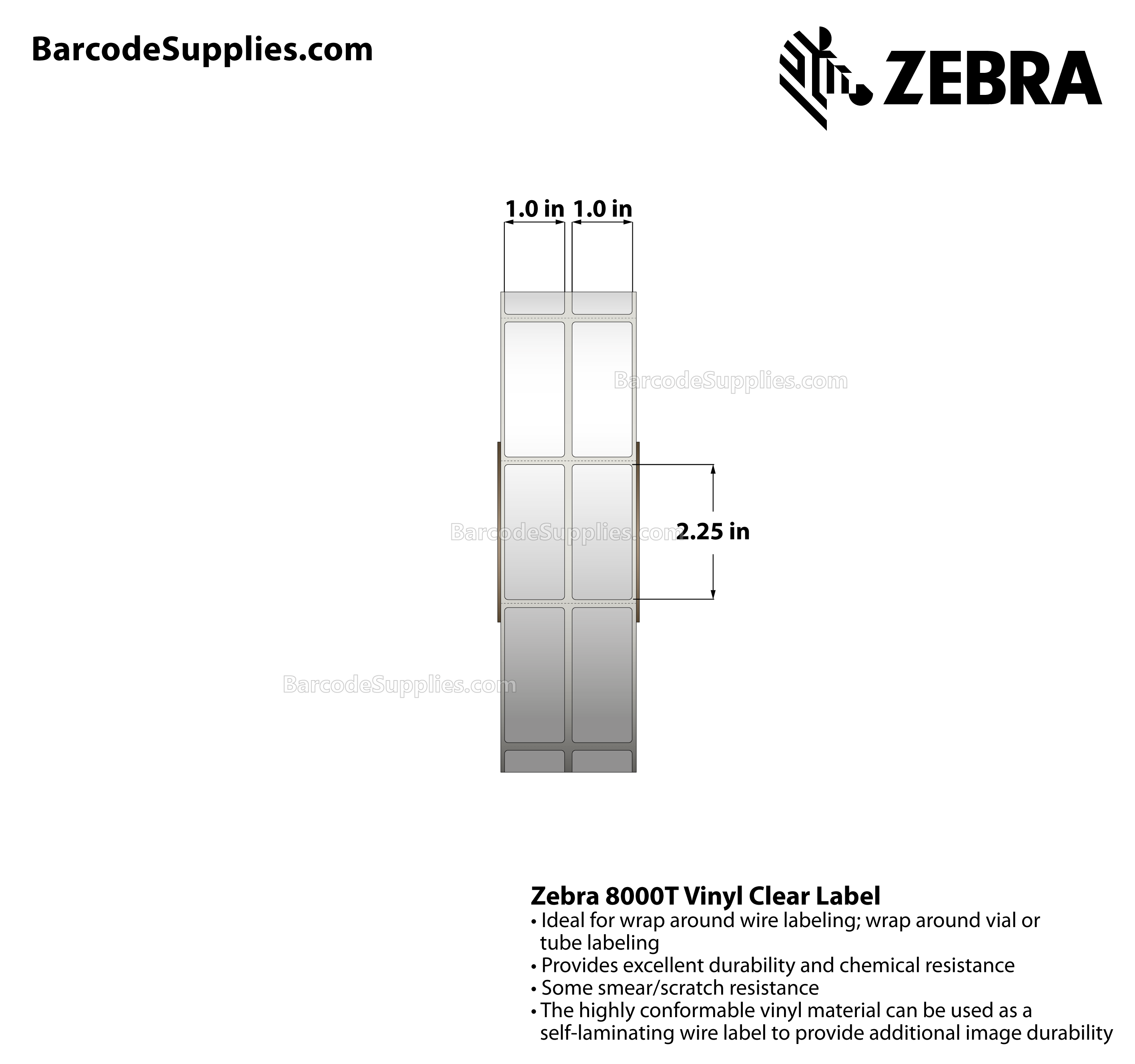 1 x 2.25 Thermal Transfer Clear 8000T Vinyl Clear: Self-Laminating Wire Wrap Label (2-Across) Labels With Permanent Adhesive - Perforated - 3000 Labels Per Roll - Carton Of 1 Rolls - 3000 Labels Total - MPN: 10015770