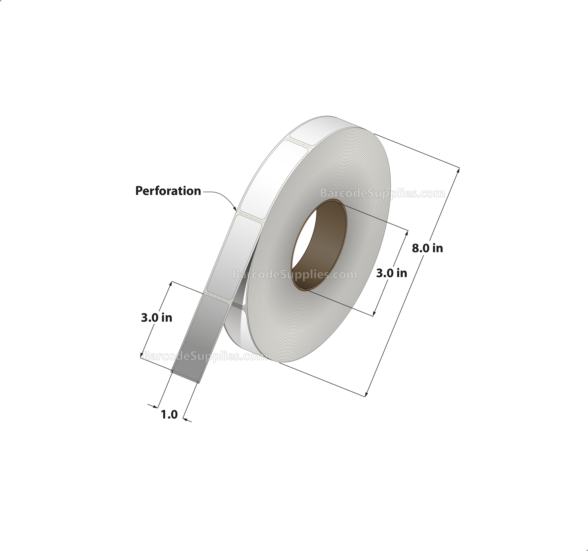 1 x 3 Thermal Transfer White Labels With Permanent Adhesive - Perforated - 1900 Labels Per Roll - Carton Of 8 Rolls - 15200 Labels Total - MPN: RT-1-3-1900-3