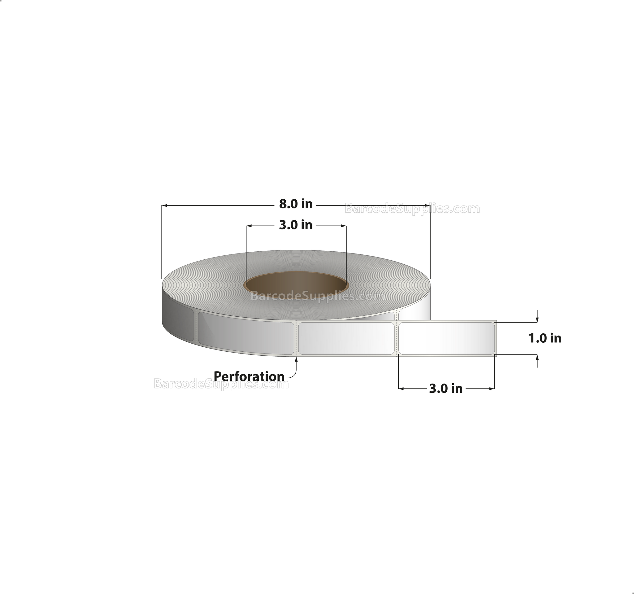1 x 3 Thermal Transfer White Labels With Permanent Adhesive - Perforated - 1900 Labels Per Roll - Carton Of 8 Rolls - 15200 Labels Total - MPN: RT-1-3-1900-3