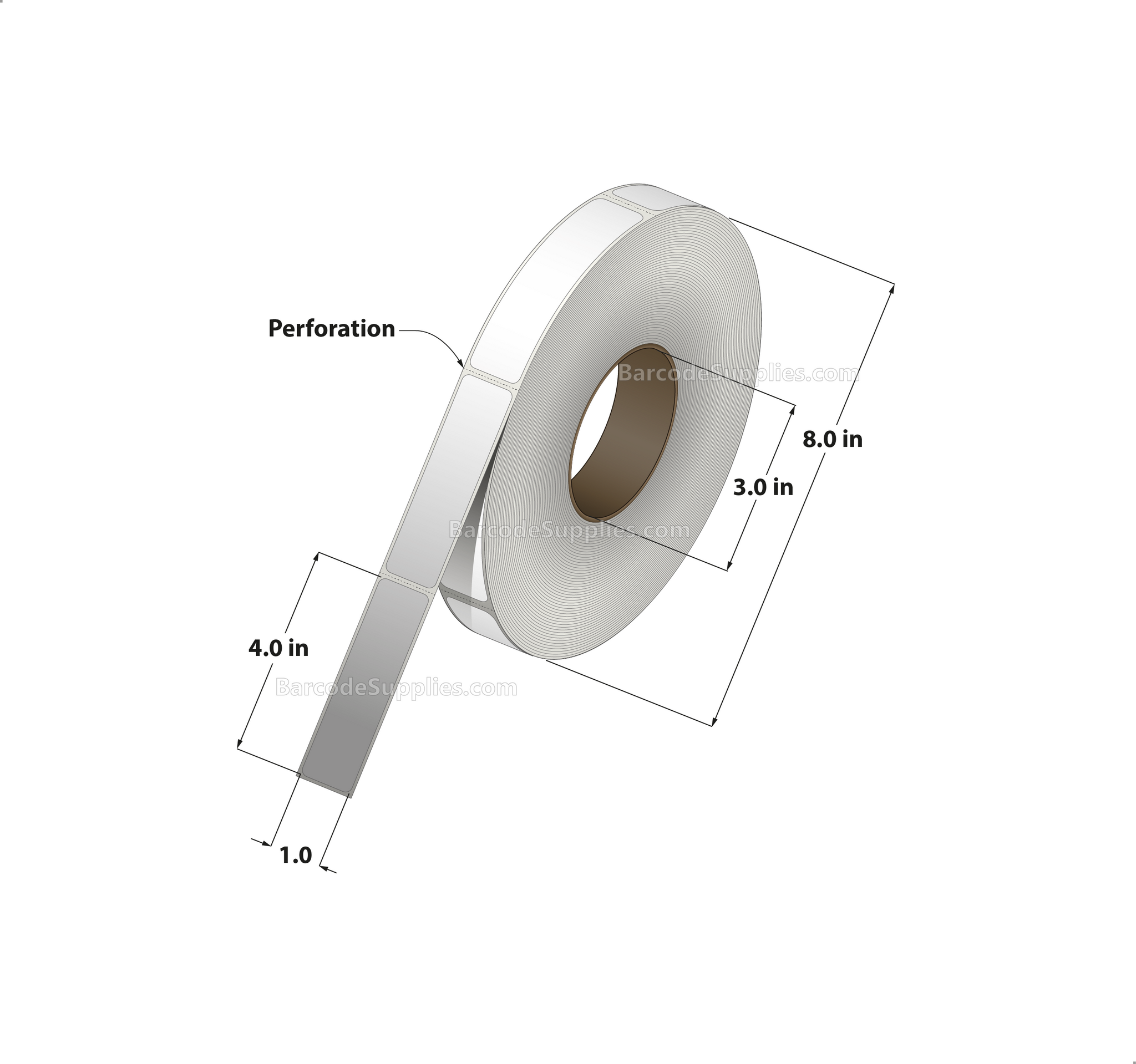 1 x 4 Thermal Transfer White Labels With Permanent Adhesive - Perforated - 1500 Labels Per Roll - Carton Of 8 Rolls - 12000 Labels Total - MPN: RT-1-4-1500-3