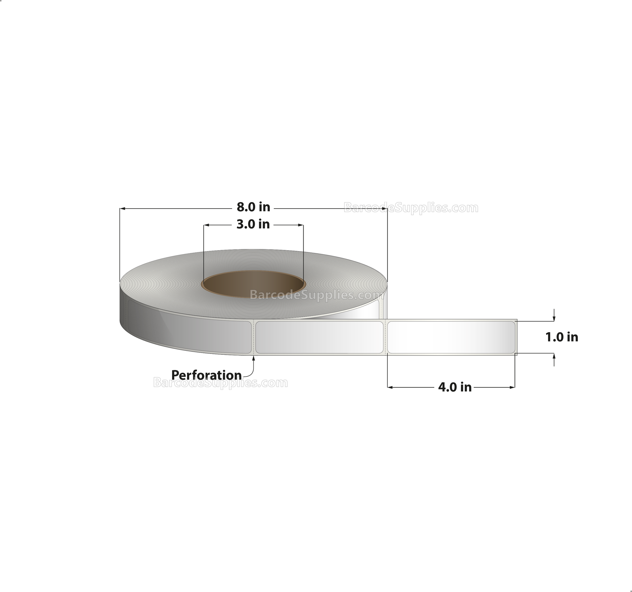 1 x 4 Direct Thermal White Labels With Acrylic Adhesive - Perforated - 1500 Labels Per Roll - Carton Of 8 Rolls - 12000 Labels Total - MPN: RD-1-4-1500-3 - BarcodeSource, Inc.