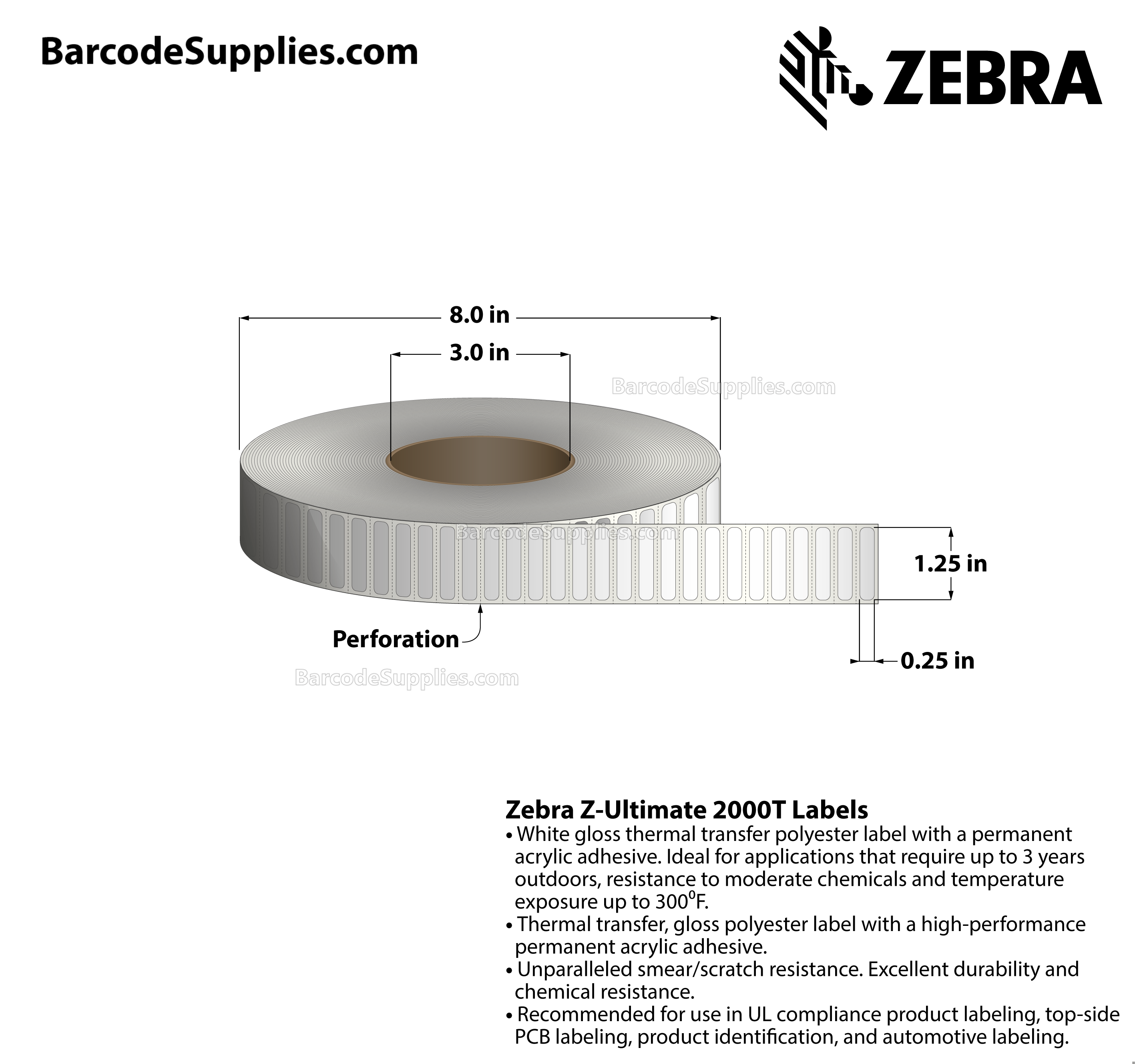 1.25 x 0.25 Thermal Transfer White Z-Ultimate 2000T Labels With Permanent Adhesive - Perforated - 10000 Labels Per Roll - Carton Of 1 Rolls - 10000 Labels Total - MPN: 10022985