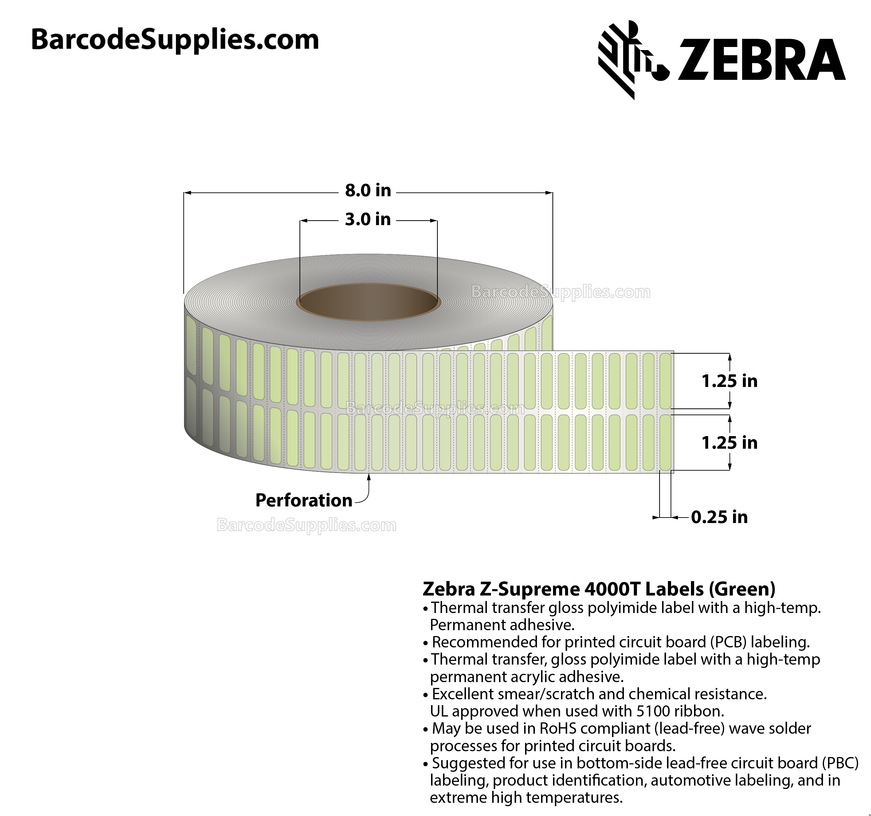 1.25 x 0.25 Thermal Transfer Green Z-Supreme 4000T Green (2-Across) Labels With High-temp Adhesive - Perforated - 10000 Labels Per Roll - Carton Of 1 Rolls - 10000 Labels Total - MPN: 10023319