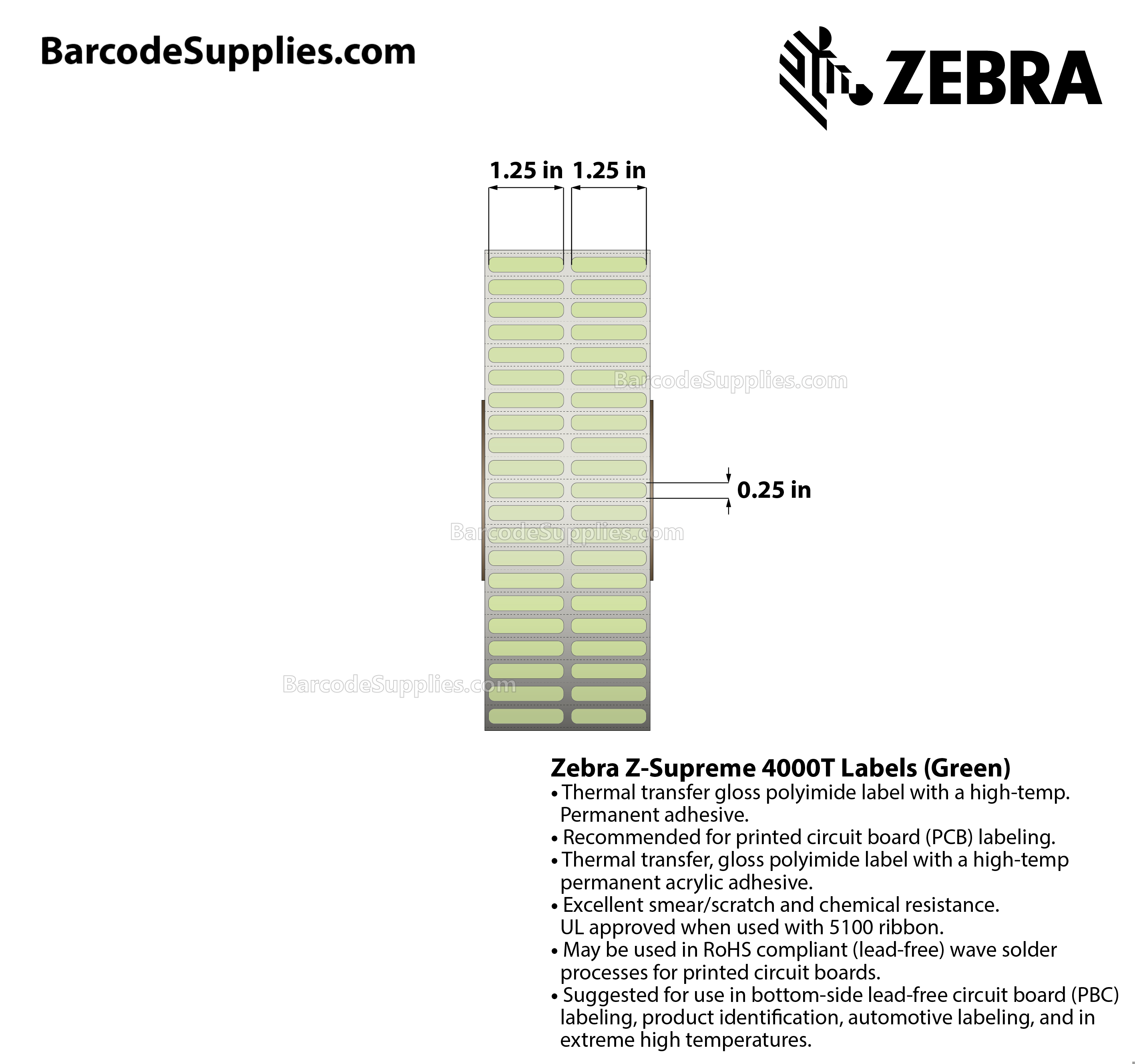 1.25 x 0.25 Thermal Transfer Green Z-Supreme 4000T Green (2-Across) Labels With High-temp Adhesive - Perforated - 10000 Labels Per Roll - Carton Of 1 Rolls - 10000 Labels Total - MPN: 10023319