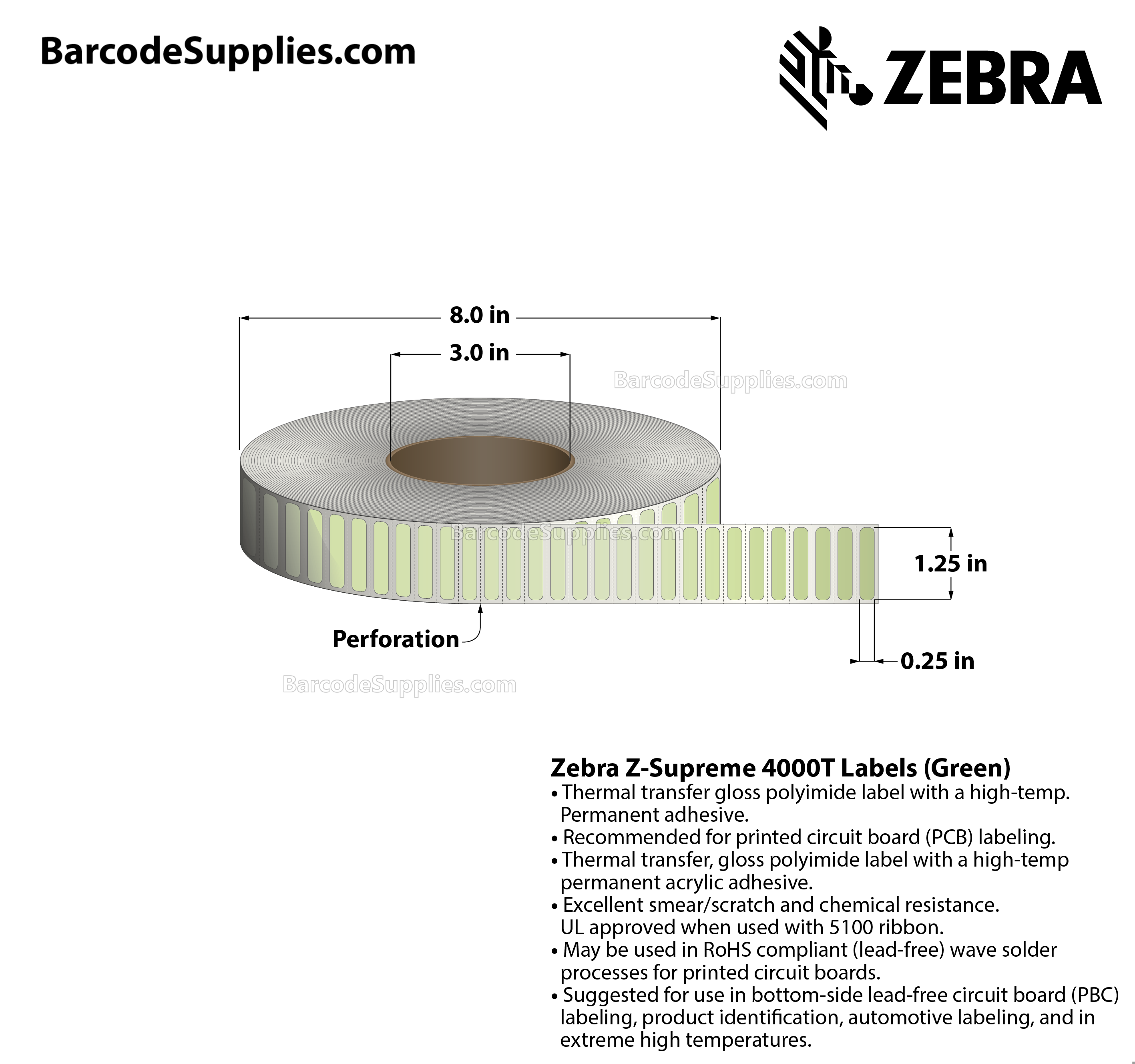 1.25 x 0.25 Thermal Transfer Green Z-Supreme 4000T Green Labels With High-temp Adhesive - Perforated - 10000 Labels Per Roll - Carton Of 1 Rolls - 10000 Labels Total - MPN: 10023318