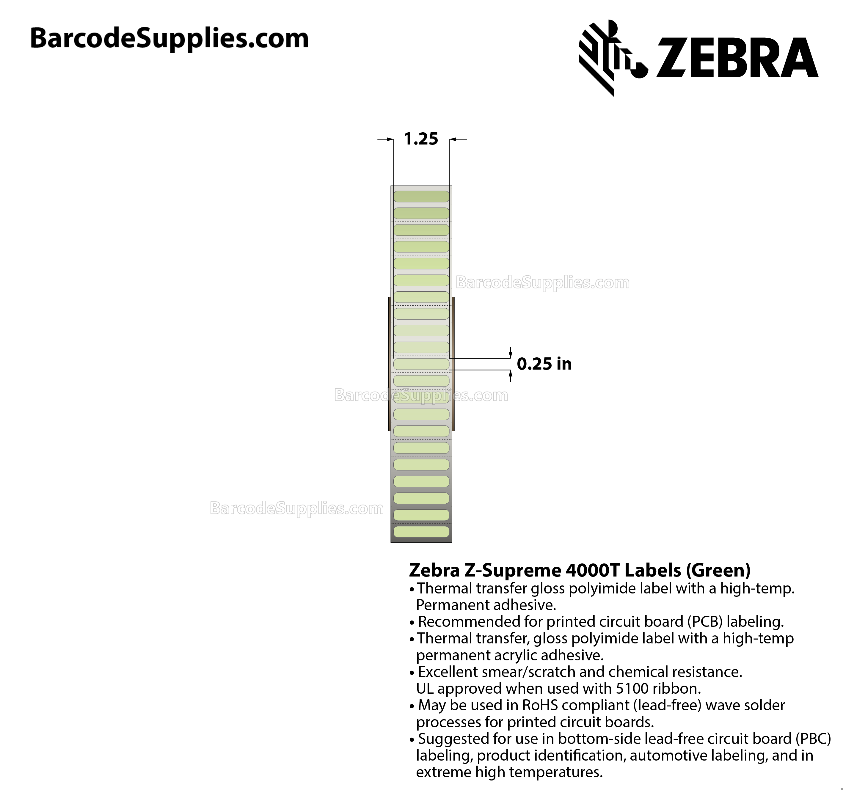 1.25 x 0.25 Thermal Transfer Green Z-Supreme 4000T Green Labels With High-temp Adhesive - Perforated - 10000 Labels Per Roll - Carton Of 1 Rolls - 10000 Labels Total - MPN: 10023318