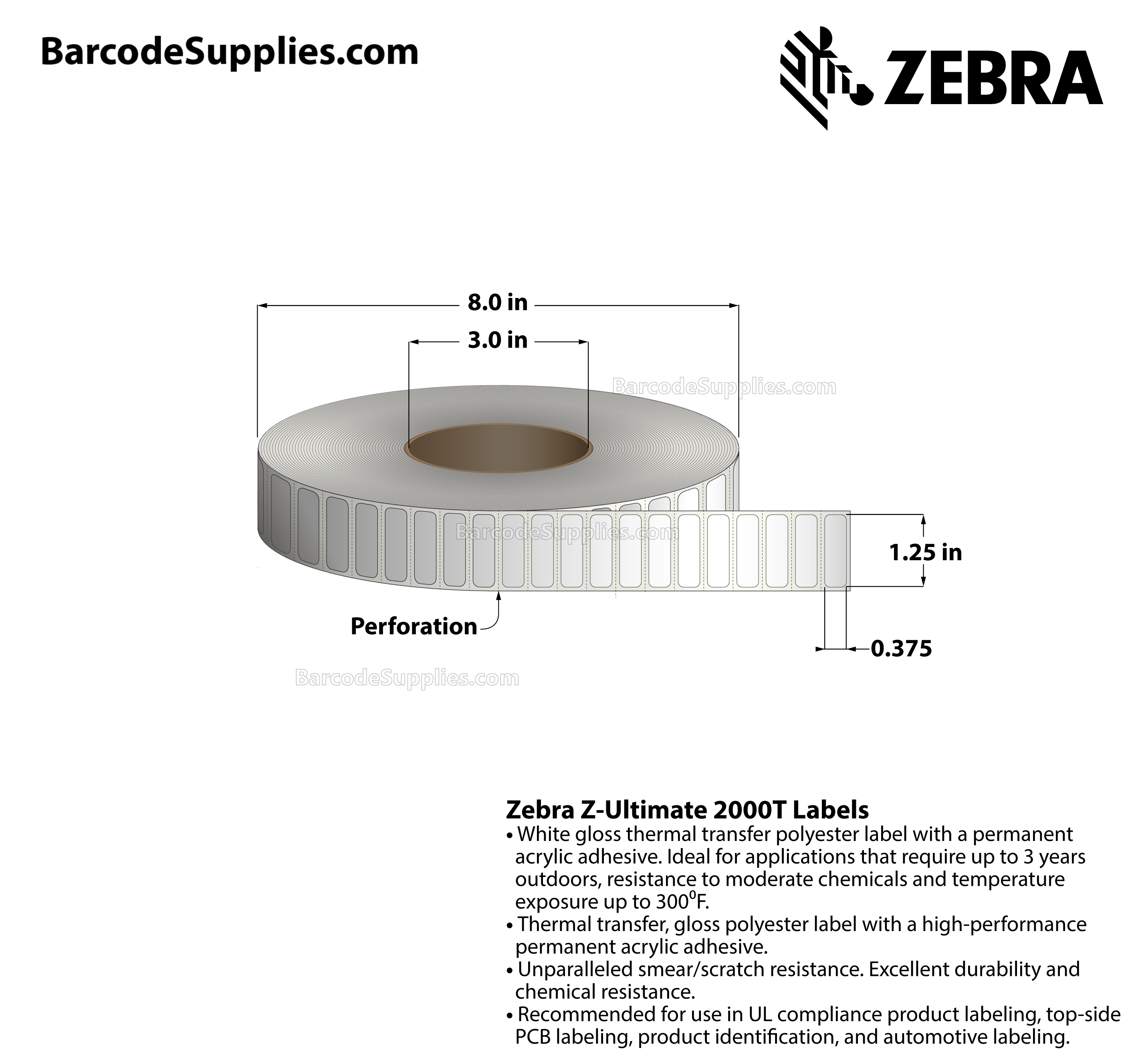 1.25 x 0.375 Thermal Transfer White Z-Ultimate 2000T Labels With Permanent Adhesive - Perforated - 12342 Labels Per Roll - Carton Of 4 Rolls - 49368 Labels Total - MPN: 10011978