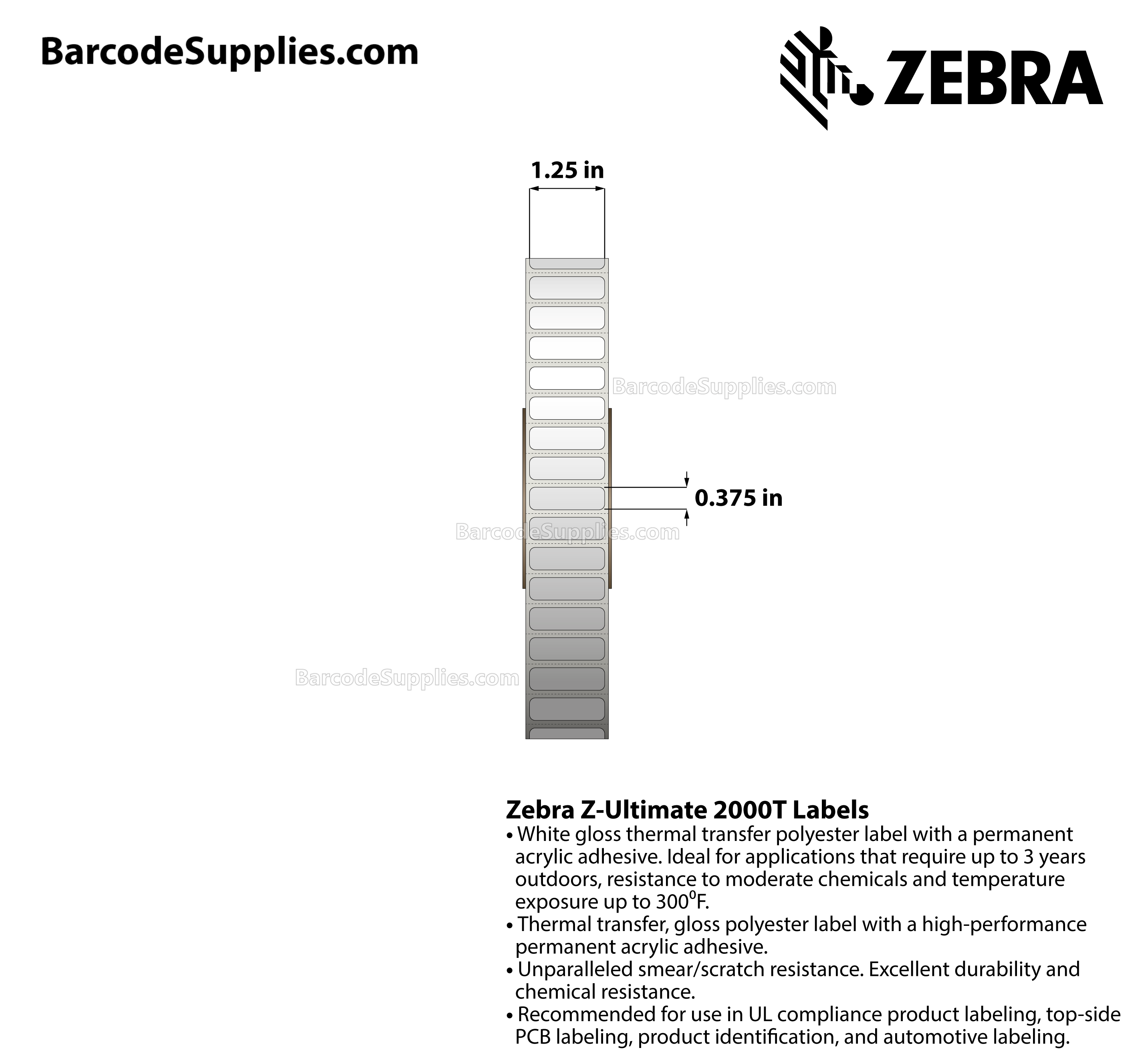 1.25 x 0.375 Thermal Transfer White Z-Ultimate 2000T Labels With Permanent Adhesive - Perforated - 12342 Labels Per Roll - Carton Of 4 Rolls - 49368 Labels Total - MPN: 10011978