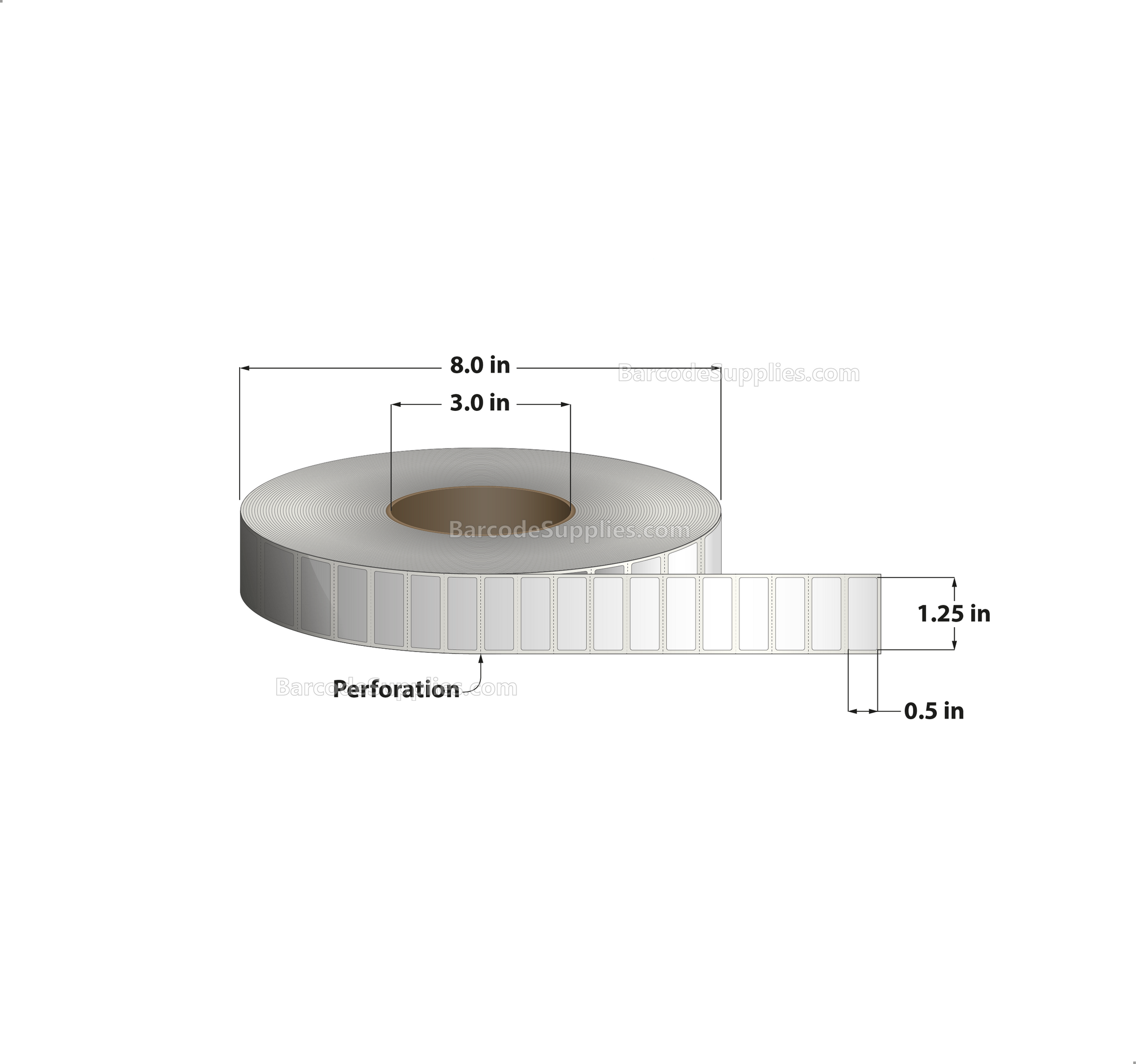 1.25 x 0.5 Thermal Transfer White Labels With Permanent Adhesive - Perforated - 9600 Labels Per Roll - Carton Of 8 Rolls - 76800 Labels Total - MPN: RT-125-05-9600-3