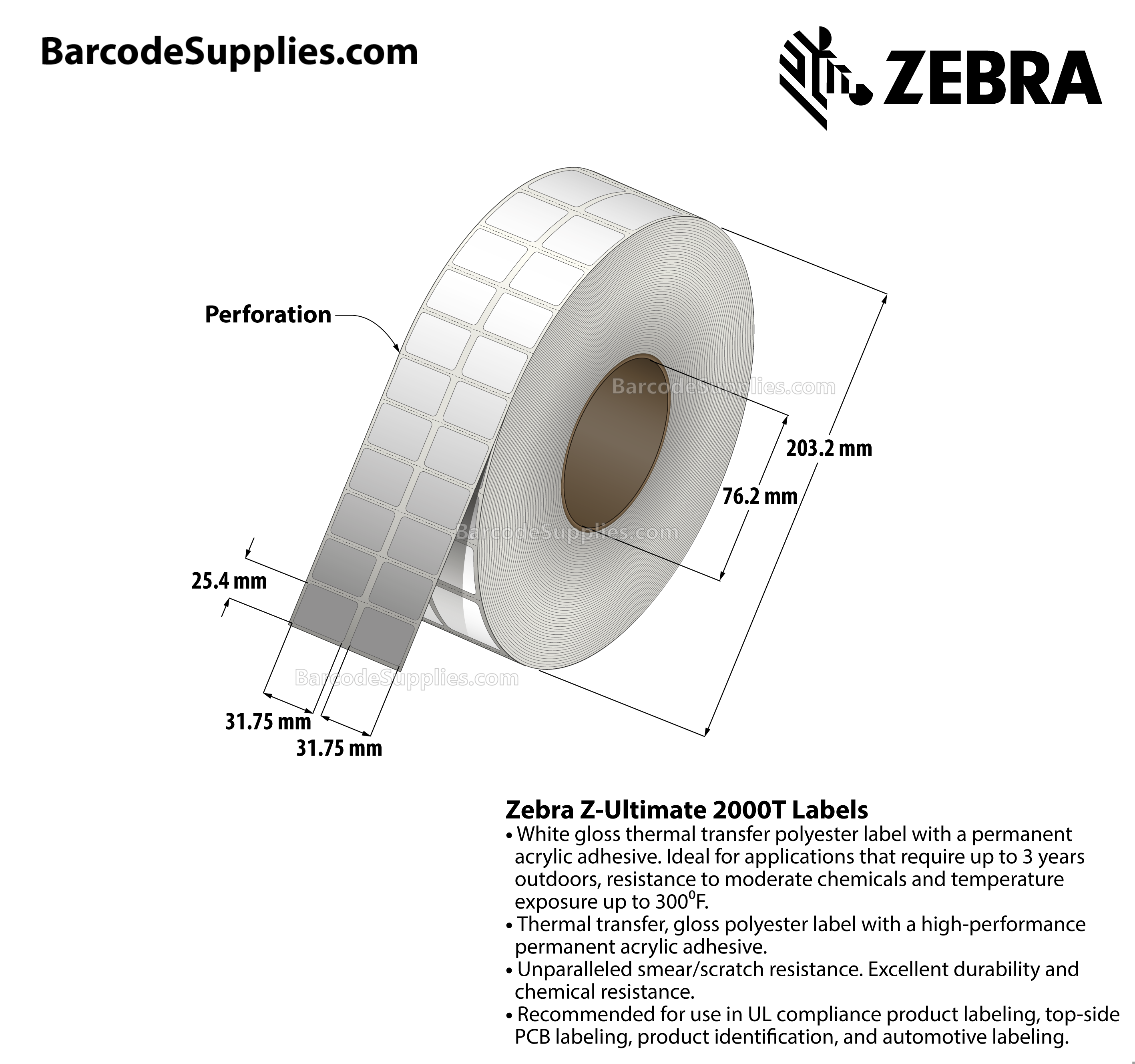1.25 x 1 Thermal Transfer White Z-Ultimate 2000T (2-Across) Labels With Permanent Adhesive - Perforated - 10000 Labels Per Roll - Carton Of 1 Rolls - 10000 Labels Total - MPN: 10023017