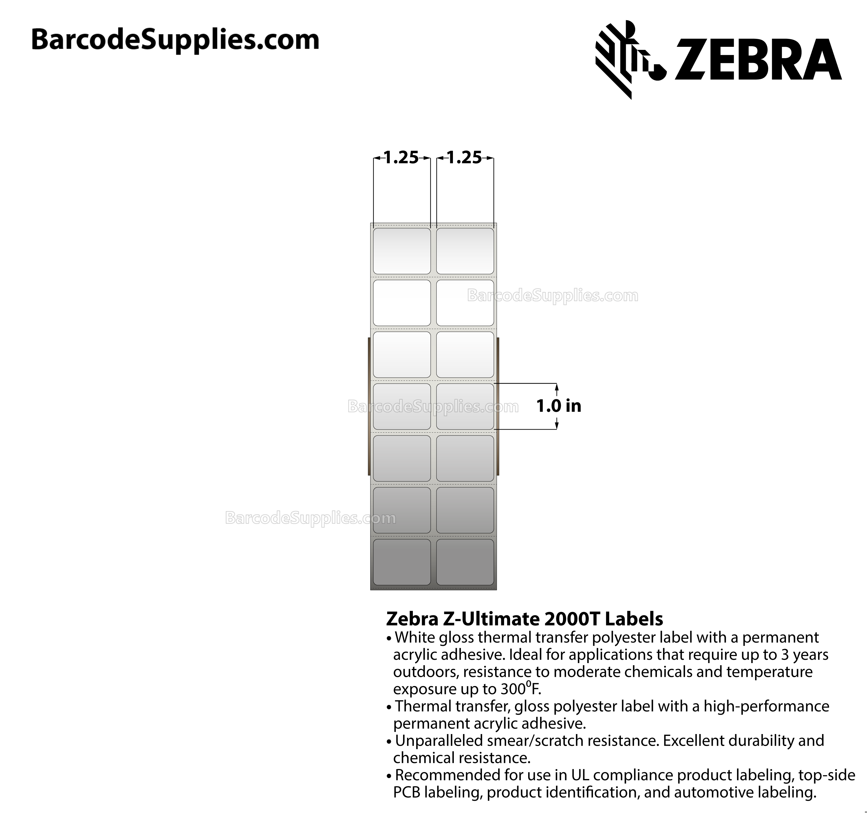 1.25 x 1 Thermal Transfer White Z-Ultimate 2000T (2-Across) Labels With Permanent Adhesive - Perforated - 10000 Labels Per Roll - Carton Of 1 Rolls - 10000 Labels Total - MPN: 10023017