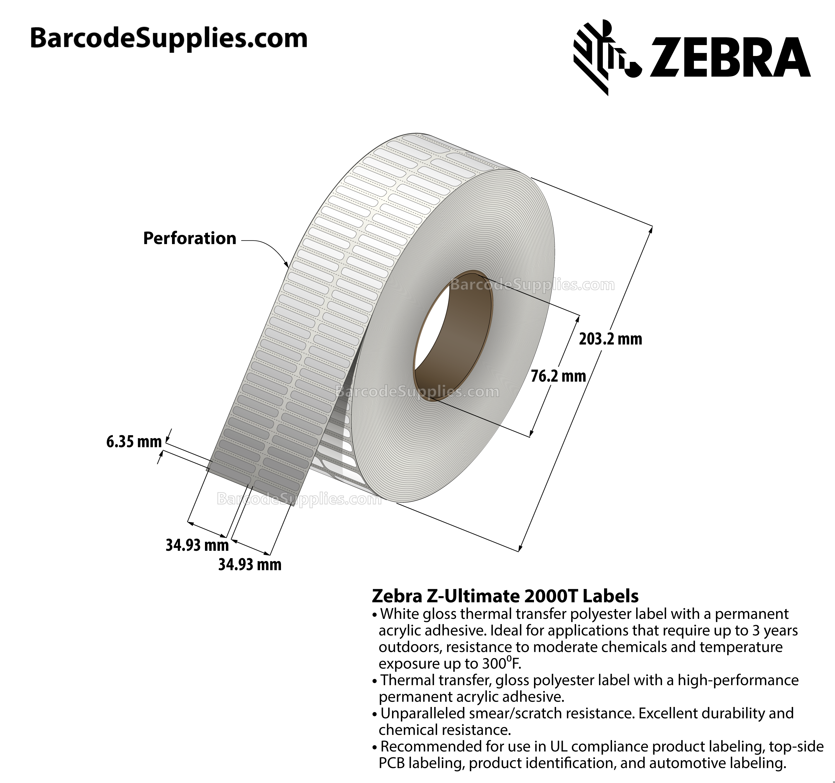 1.375 x 0.25 Thermal Transfer White Z-Ultimate 2000T (2-Across) Labels With Permanent Adhesive - Perforated - 10000 Labels Per Roll - Carton Of 1 Rolls - 10000 Labels Total - MPN: 10022989