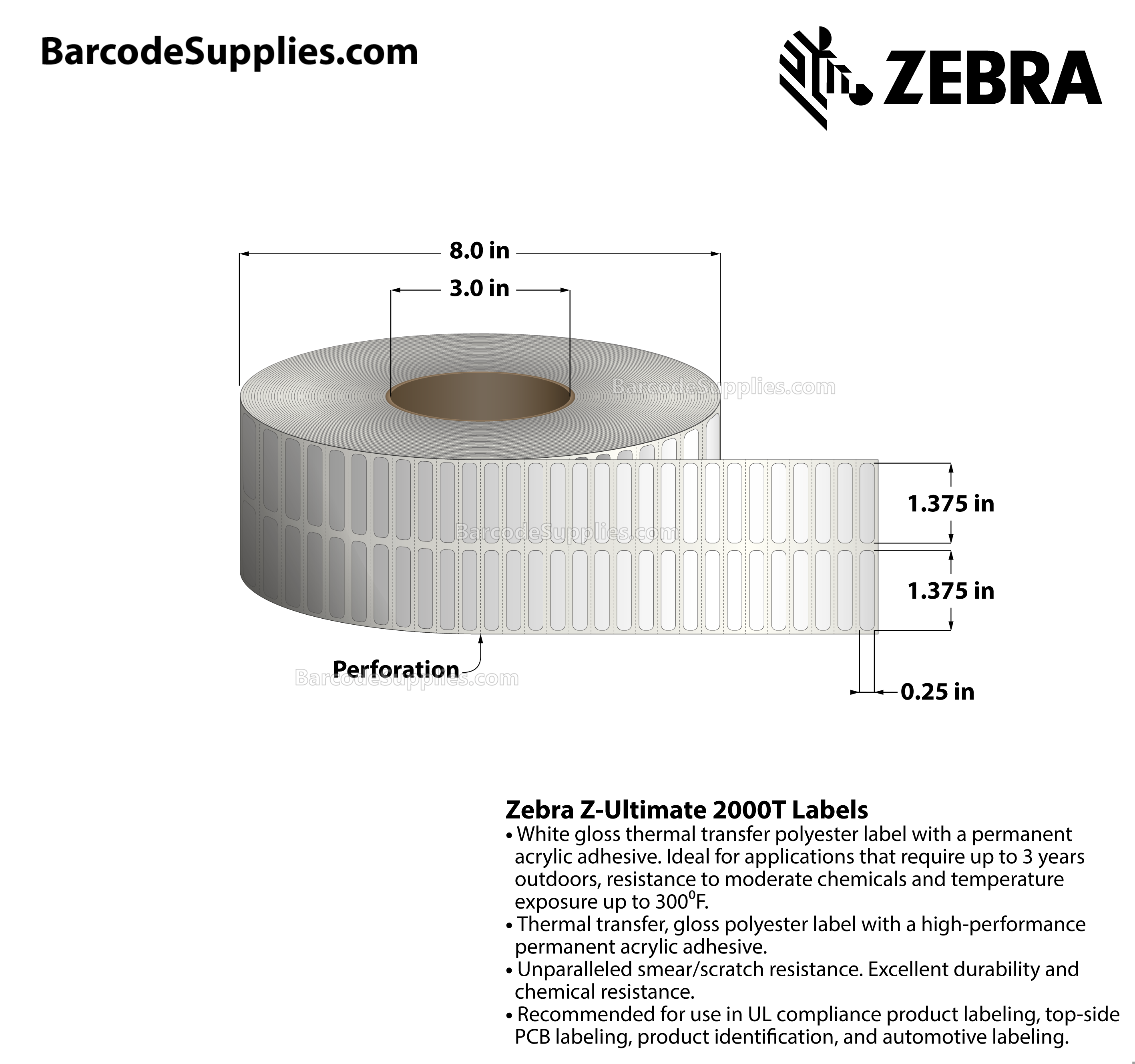 1.375 x 0.25 Thermal Transfer White Z-Ultimate 2000T (2-Across) Labels With Permanent Adhesive - Perforated - 10000 Labels Per Roll - Carton Of 1 Rolls - 10000 Labels Total - MPN: 10022989