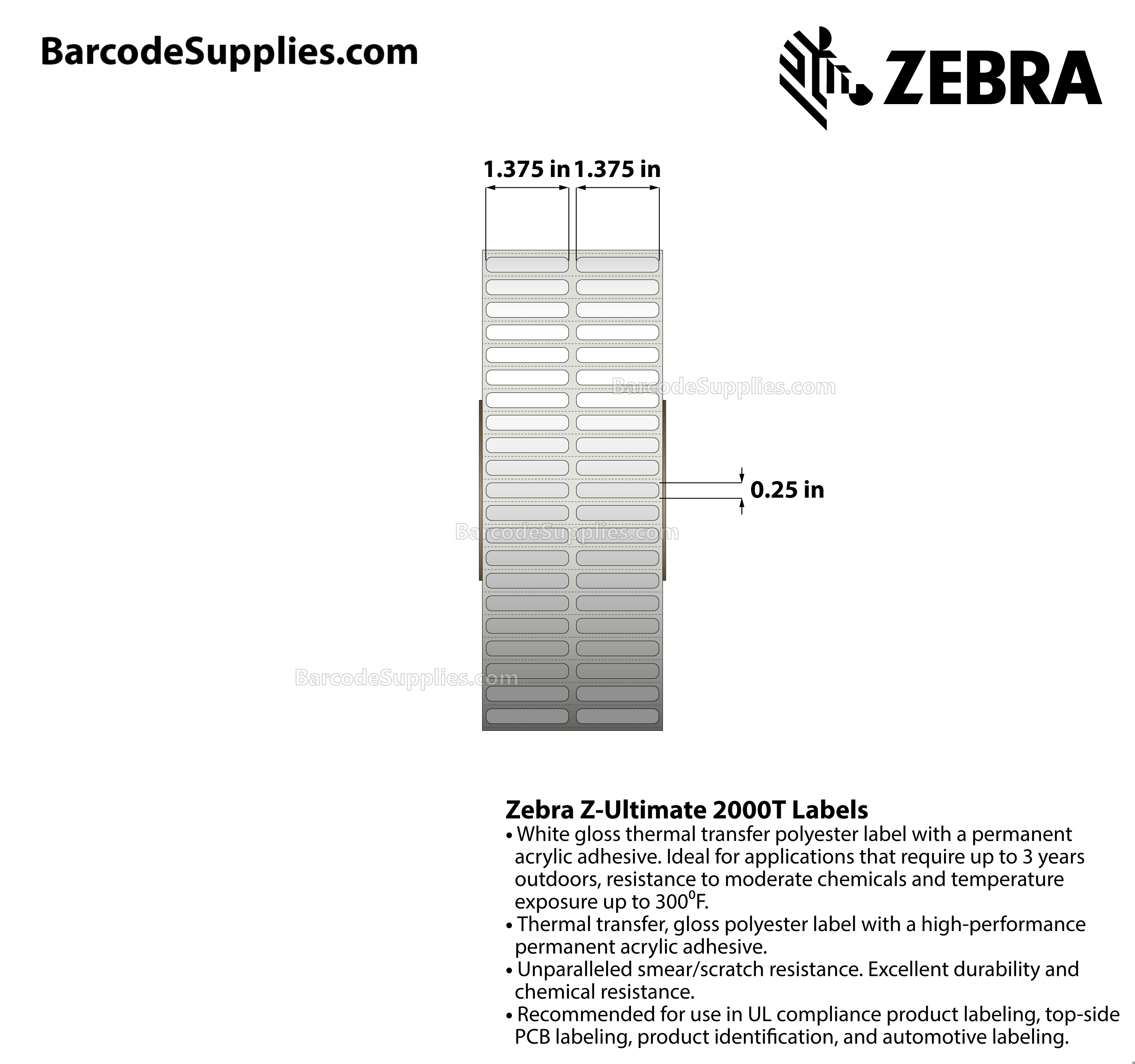 1.375 x 0.25 Thermal Transfer White Z-Ultimate 2000T (2-Across) Labels With Permanent Adhesive - Perforated - 10000 Labels Per Roll - Carton Of 1 Rolls - 10000 Labels Total - MPN: 10022989