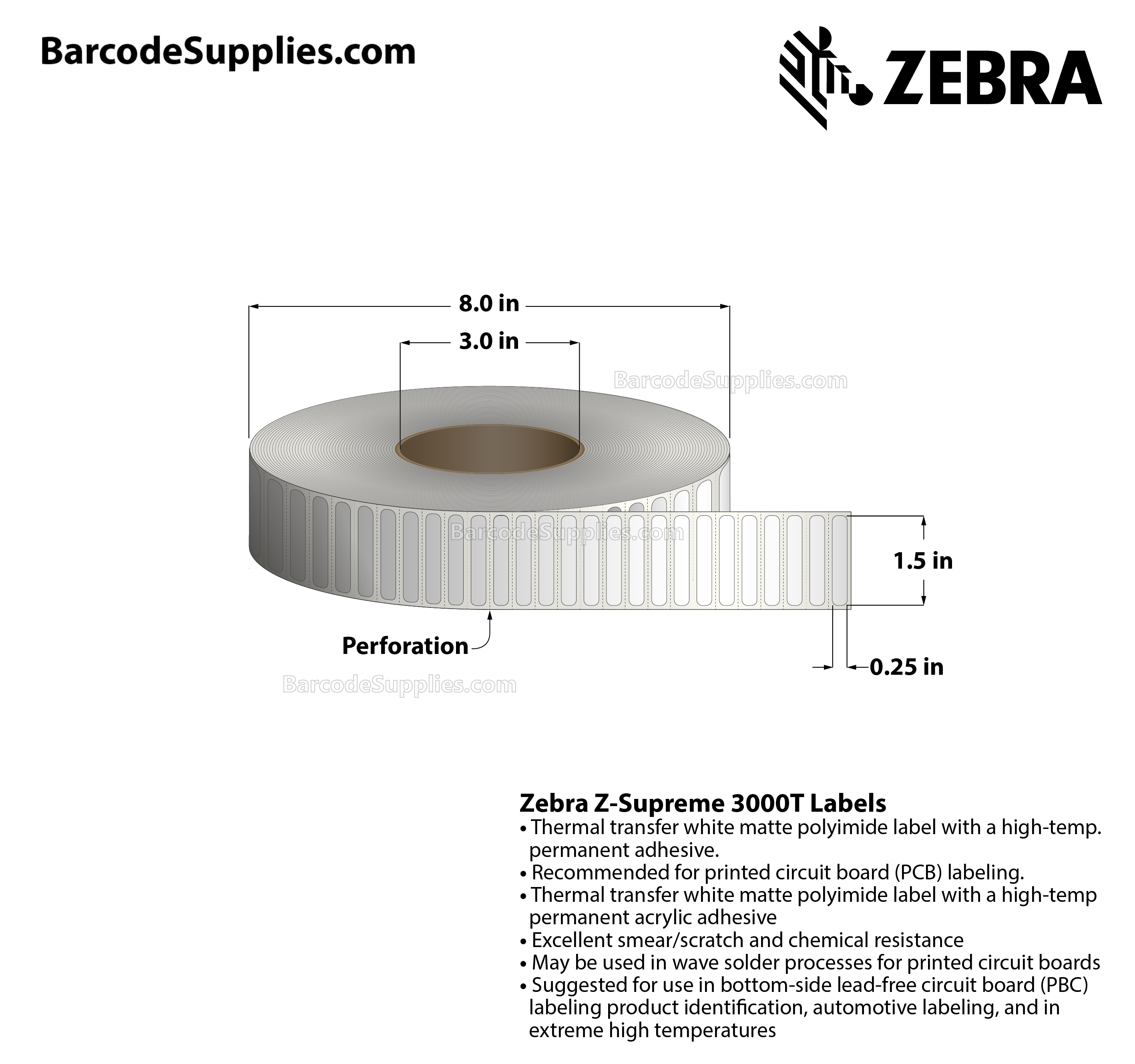 1.5 x 0.25 Thermal Transfer White Z-Supreme 3000T Labels With High-temp Adhesive - Perforated - 10000 Labels Per Roll - Carton Of 1 Rolls - 10000 Labels Total - MPN: 10023307