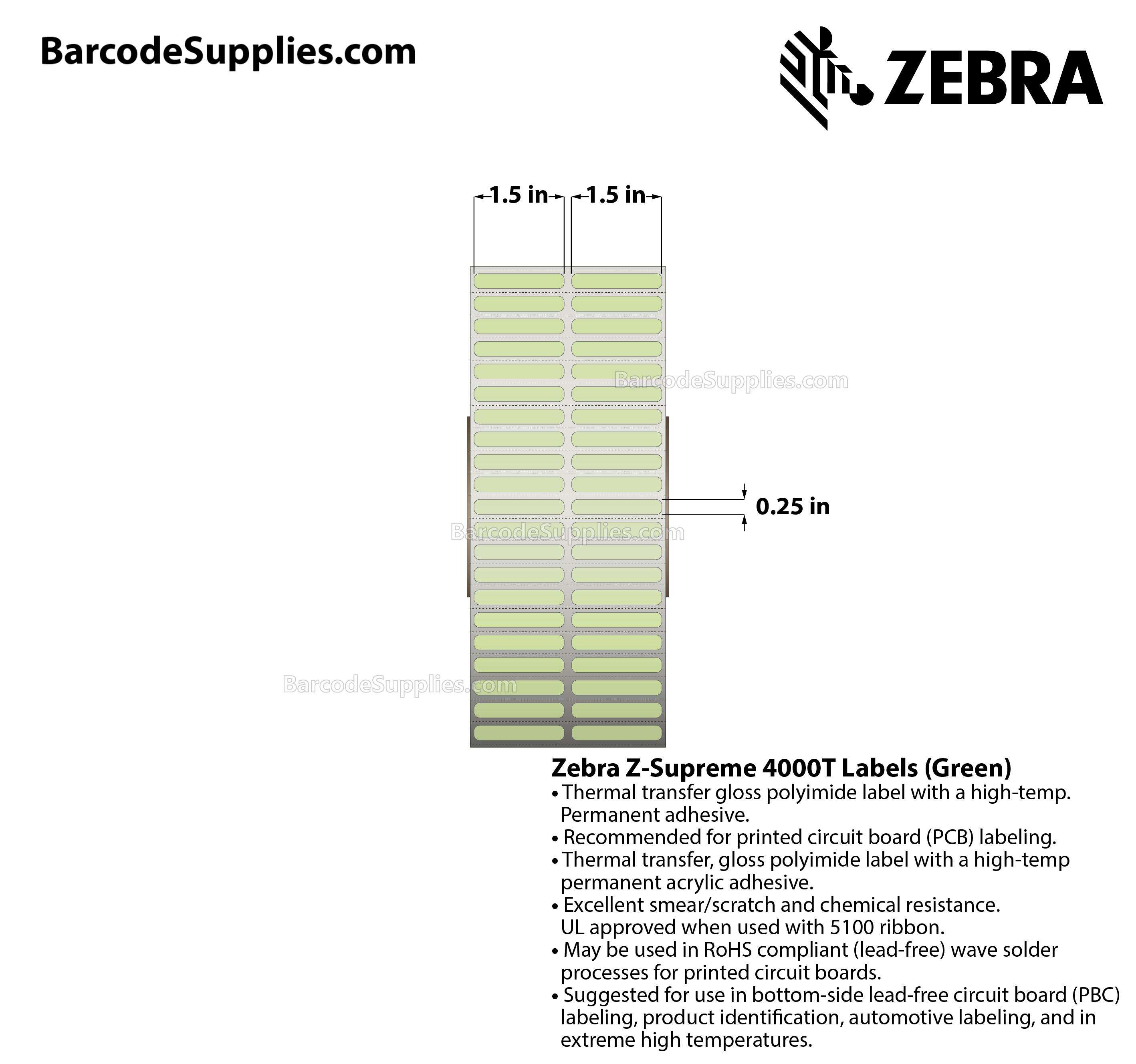1.5 x 0.25 Thermal Transfer Green Z-Supreme 4000T Green (2-Across) Labels With High-temp Adhesive - Perforated - 10000 Labels Per Roll - Carton Of 1 Rolls - 10000 Labels Total - MPN: 10023321