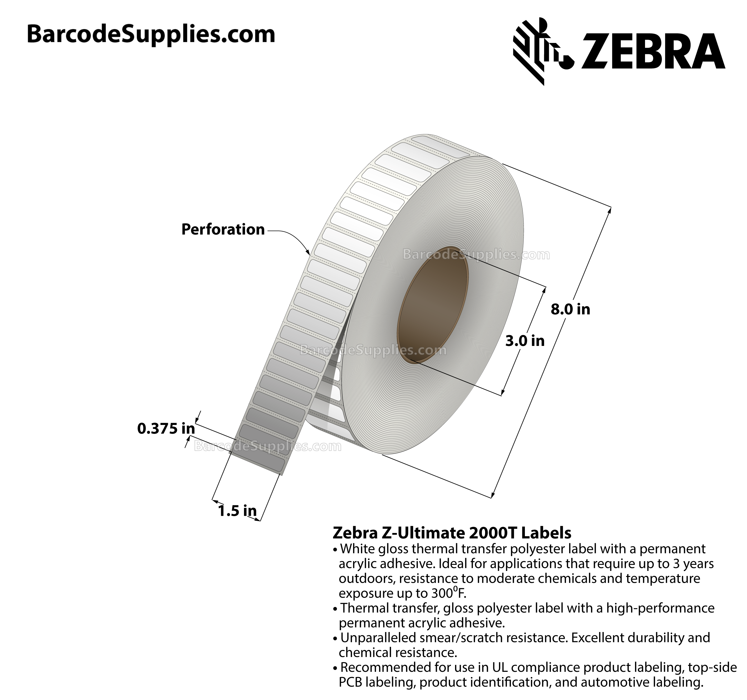 Products 1.5 x 0.375 Thermal Transfer White Z-Ultimate 2000T Labels With Permanent Adhesive - Perforated - 10000 Labels Per Roll - Carton Of 1 Rolls - 10000 Labels Total - MPN: 10022955