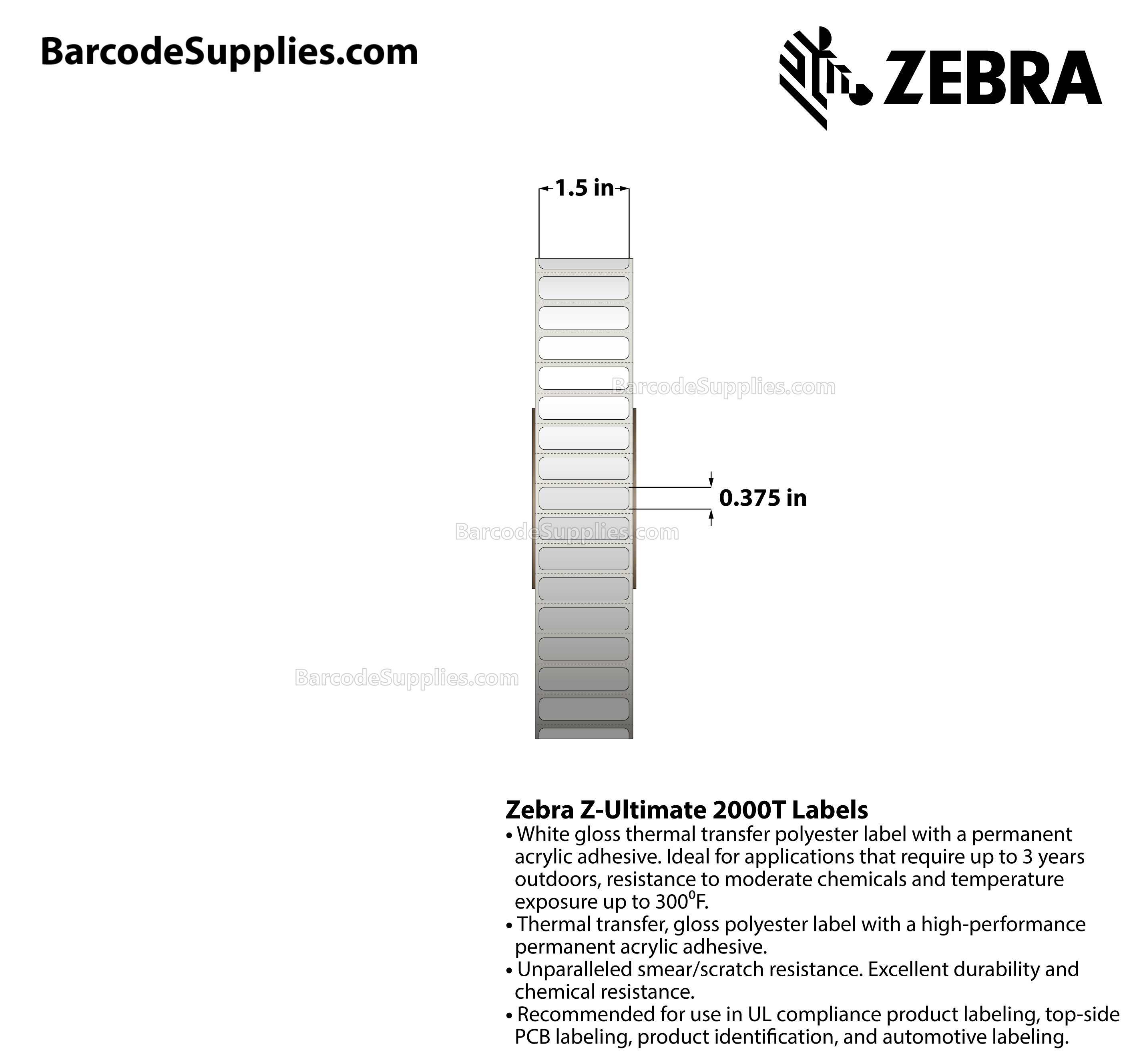 Products 1.5 x 0.375 Thermal Transfer White Z-Ultimate 2000T Labels With Permanent Adhesive - Perforated - 10000 Labels Per Roll - Carton Of 1 Rolls - 10000 Labels Total - MPN: 10022955