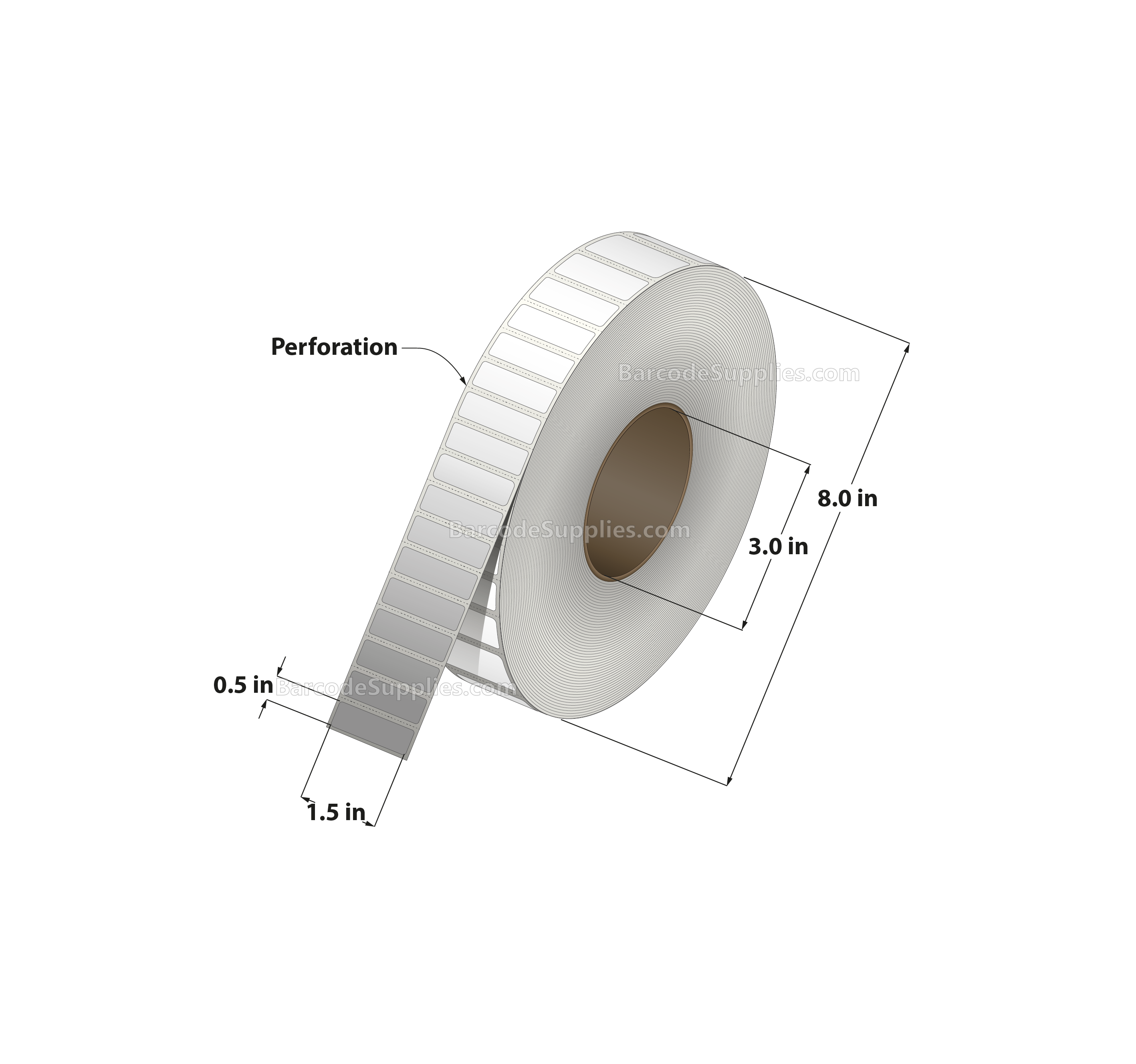 1.5 x 0.5 Thermal Transfer White Labels With Permanent Adhesive - Perforated - 9600 Labels Per Roll - Carton Of 8 Rolls - 76800 Labels Total - MPN: RT-15-05-9600-3