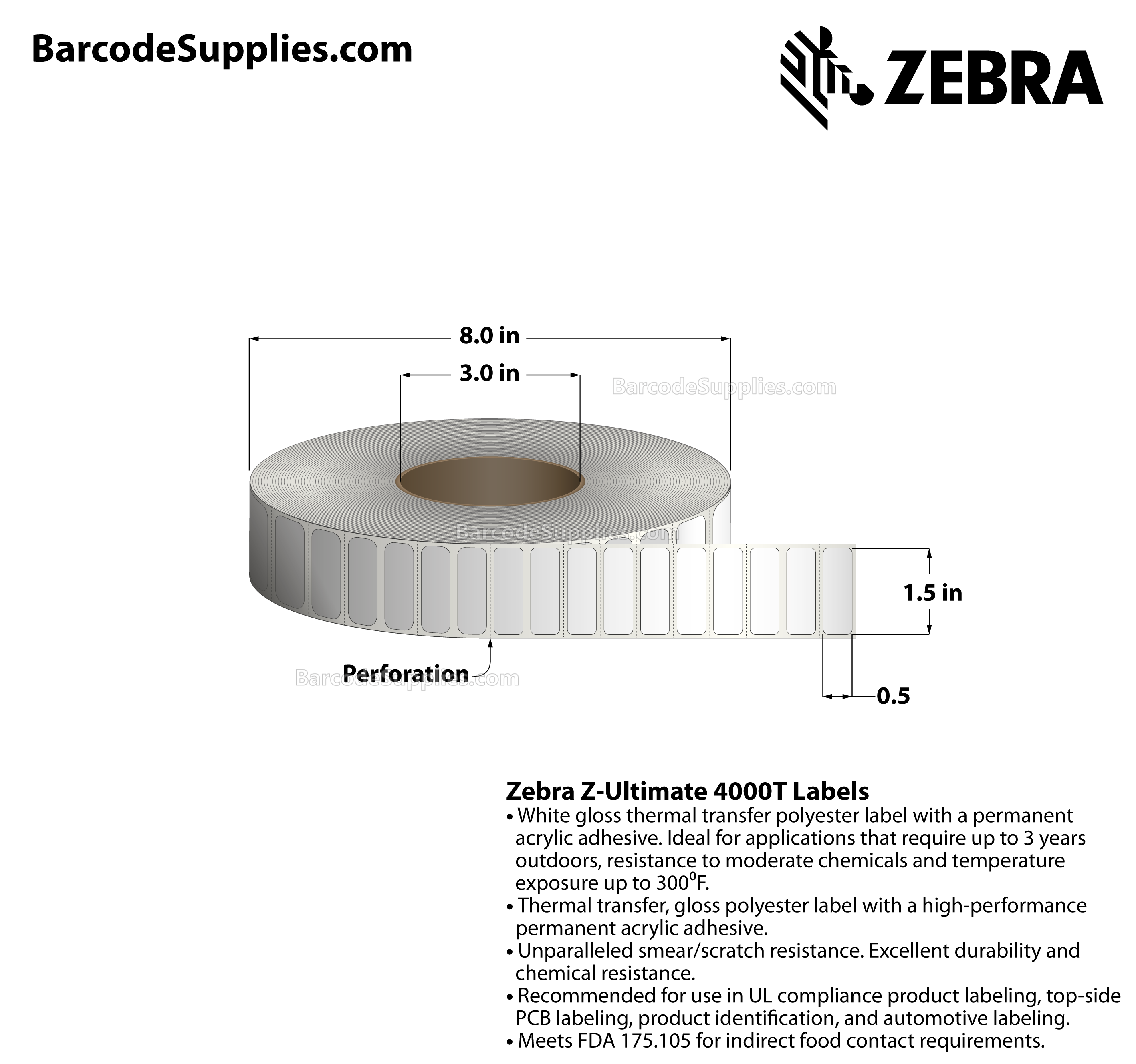 1.5 x 0.5 Thermal Transfer White Z-Ultimate 4000T Labels With Permanent Adhesive - Perforated - 9420 Labels Per Roll - Carton Of 4 Rolls - 37680 Labels Total - MPN: 10011706
